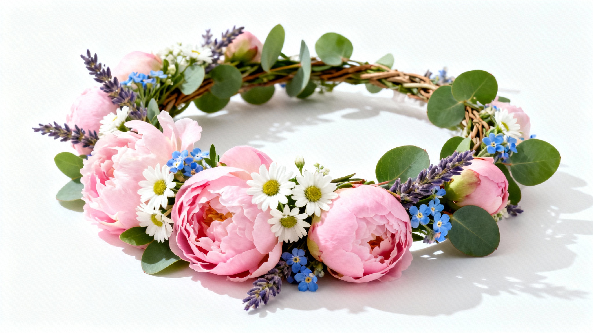 An elegant and detailed flower crown with pink, white, and blue flowers and green leaves, shot in a professional product photography style against a clean white background.