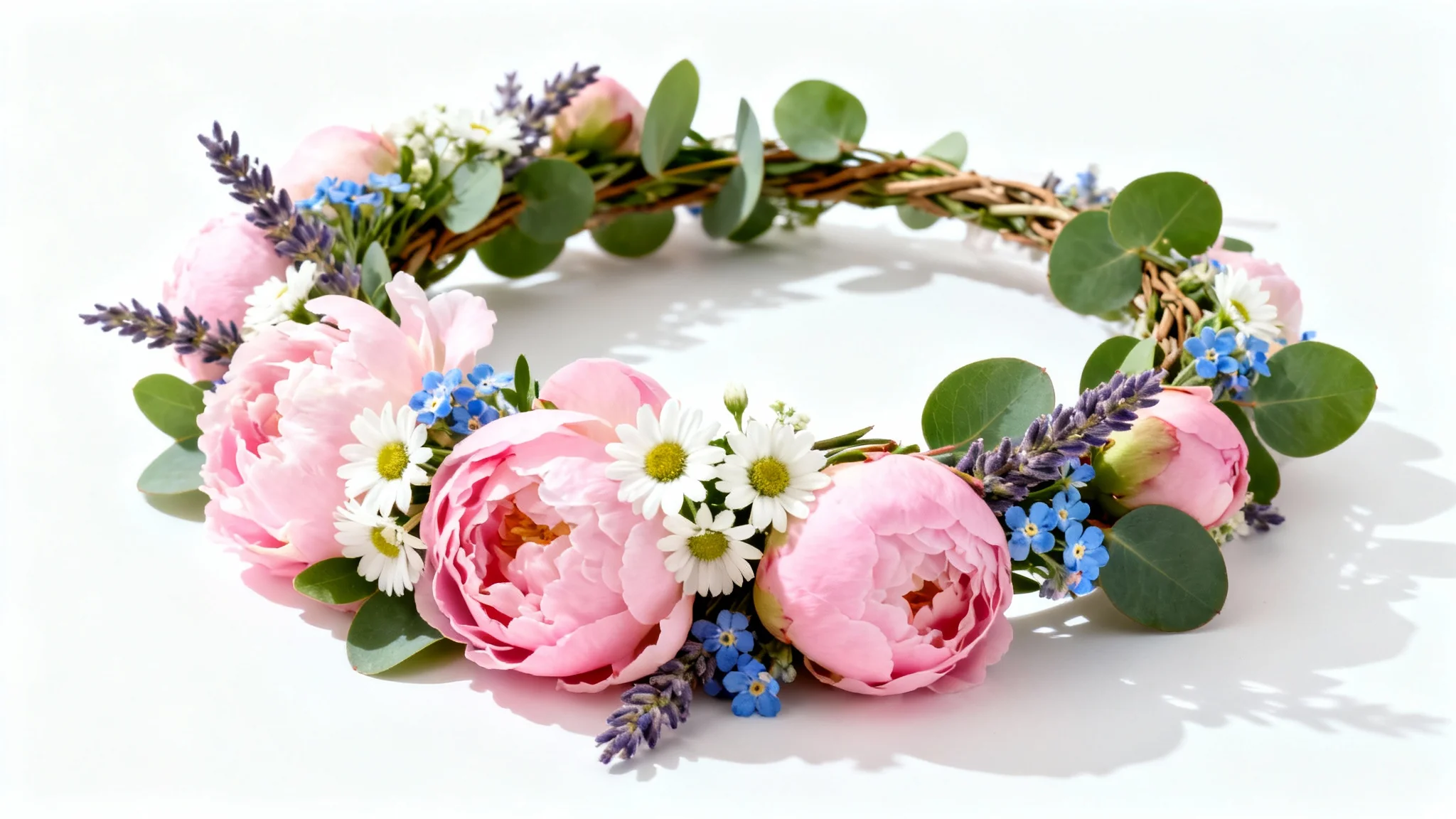 An elegant and detailed flower crown with pink, white, and blue flowers and green leaves, shot in a professional product photography style against a clean white background.