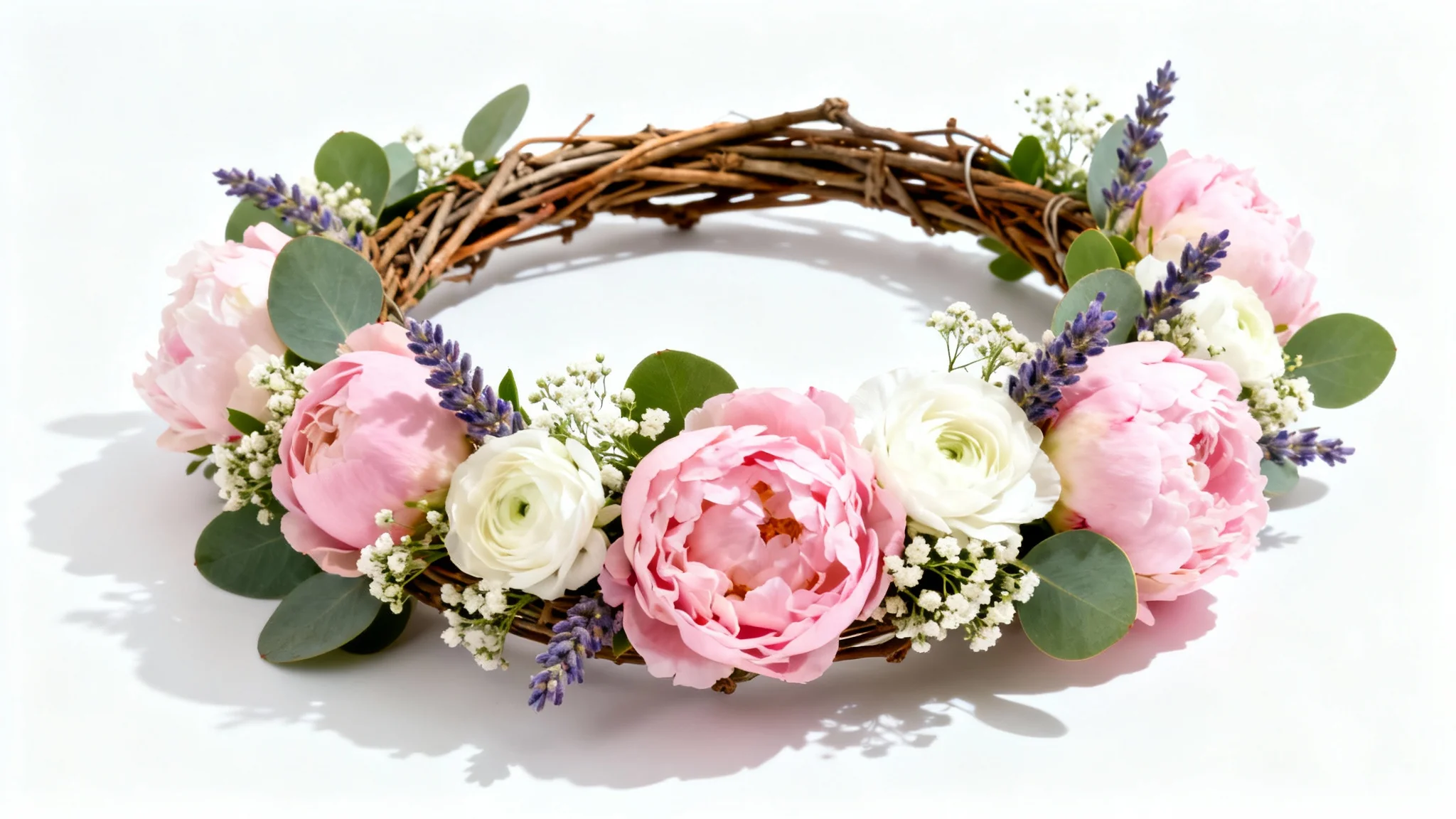 A beautiful, handcrafted flower crown with pink peonies, white flowers, and green leaves, displayed against a clean white background in a professional product photo style.