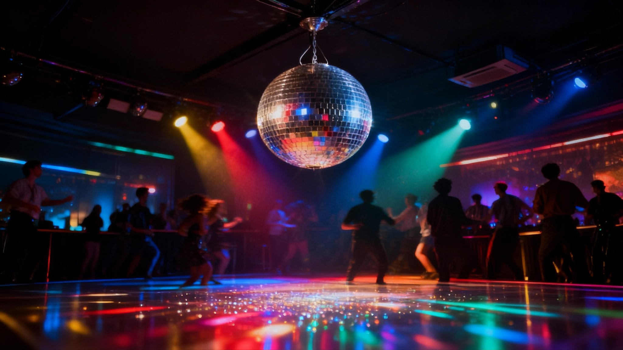 A dynamic photo of people dancing at a disco, enhanced by a beautiful overlay of sparkles and light flares that mimic the effect of a disco ball, creating a magical party atmosphere.