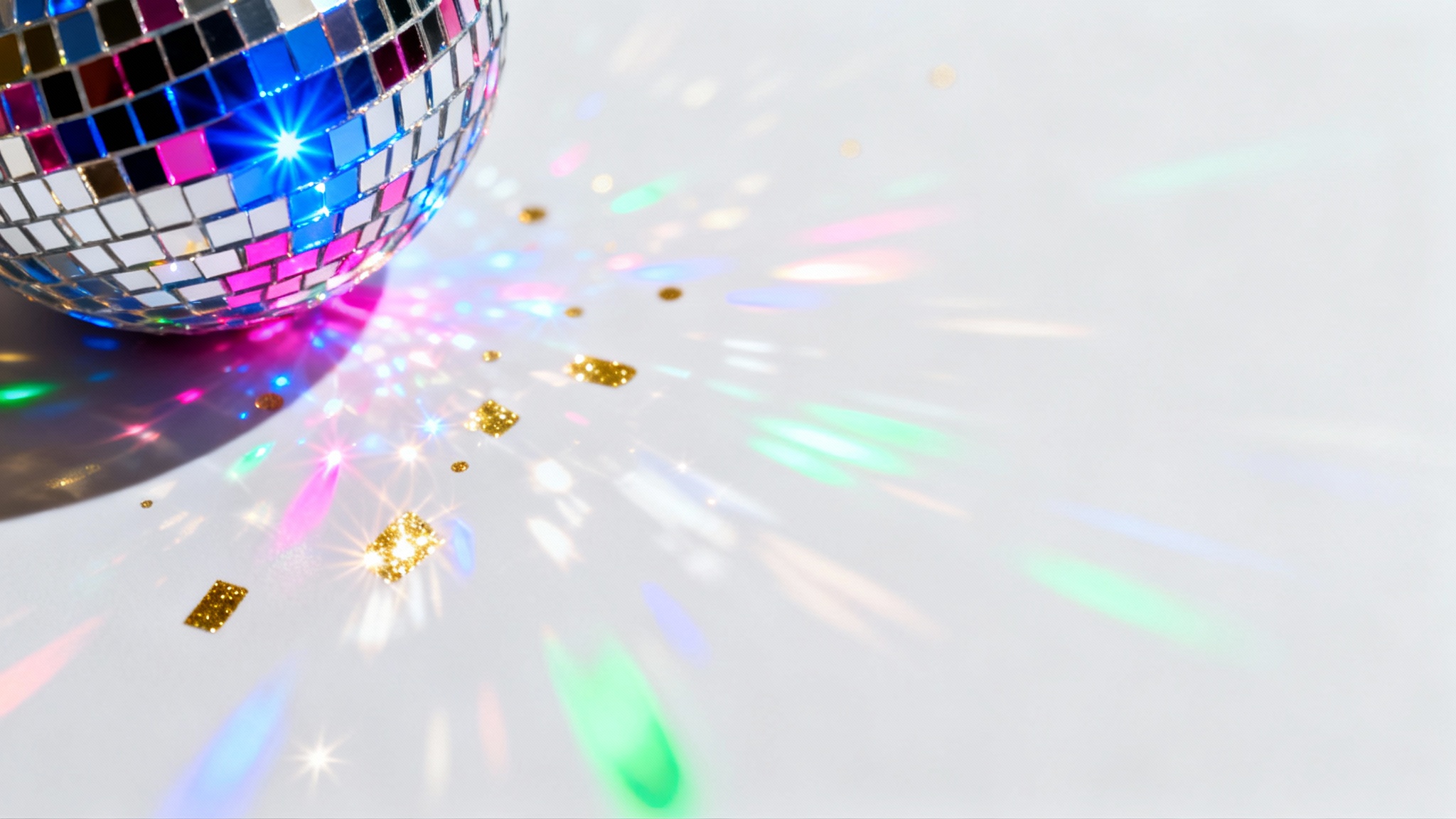 A vibrant mockup image demonstrating a disco ball overlay, showing colorful, sparkling light reflections and lens flares scattered across a clean white background.