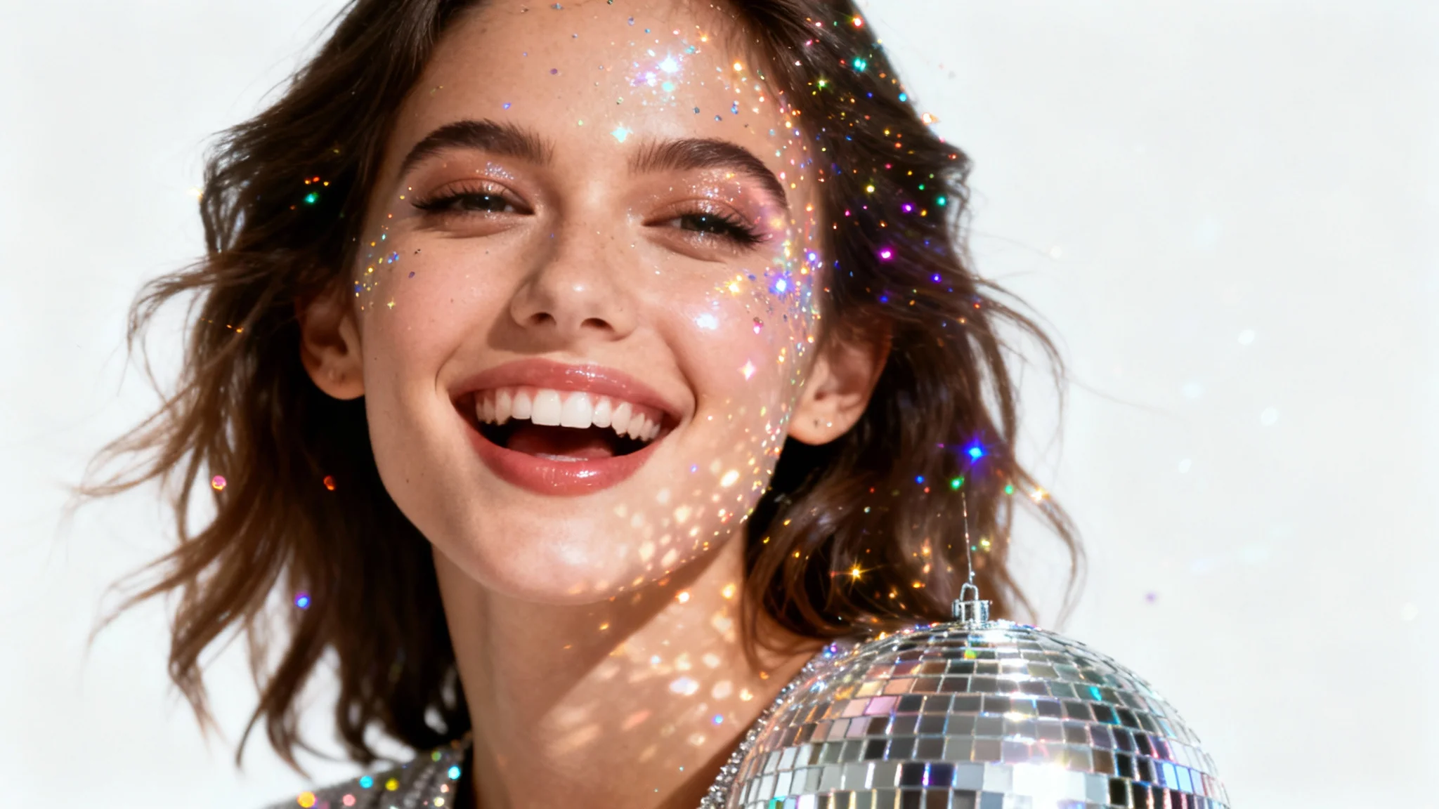 A close-up photograph of a woman with a sparkling disco ball light effect overlaying the entire image, creating a festive party vibe, isolated on a white background.