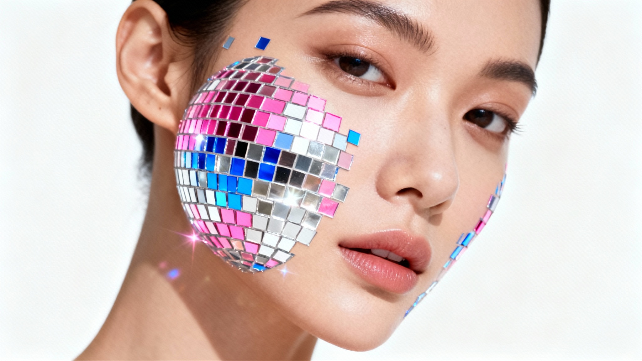 A close-up photograph of a person's face with a shimmering disco ball light effect casting colorful, square-shaped reflections on their skin, set against a plain white background.