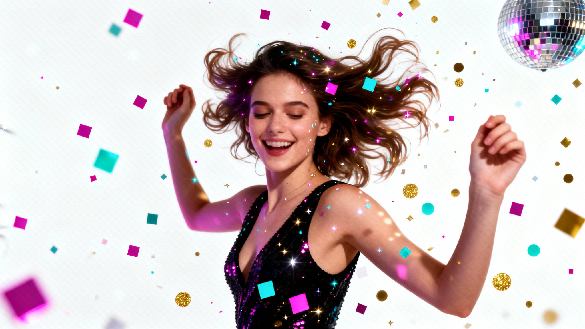 A photorealistic image of a woman dancing, covered in a colorful disco ball overlay effect with sparkling lights, set against a plain white background.