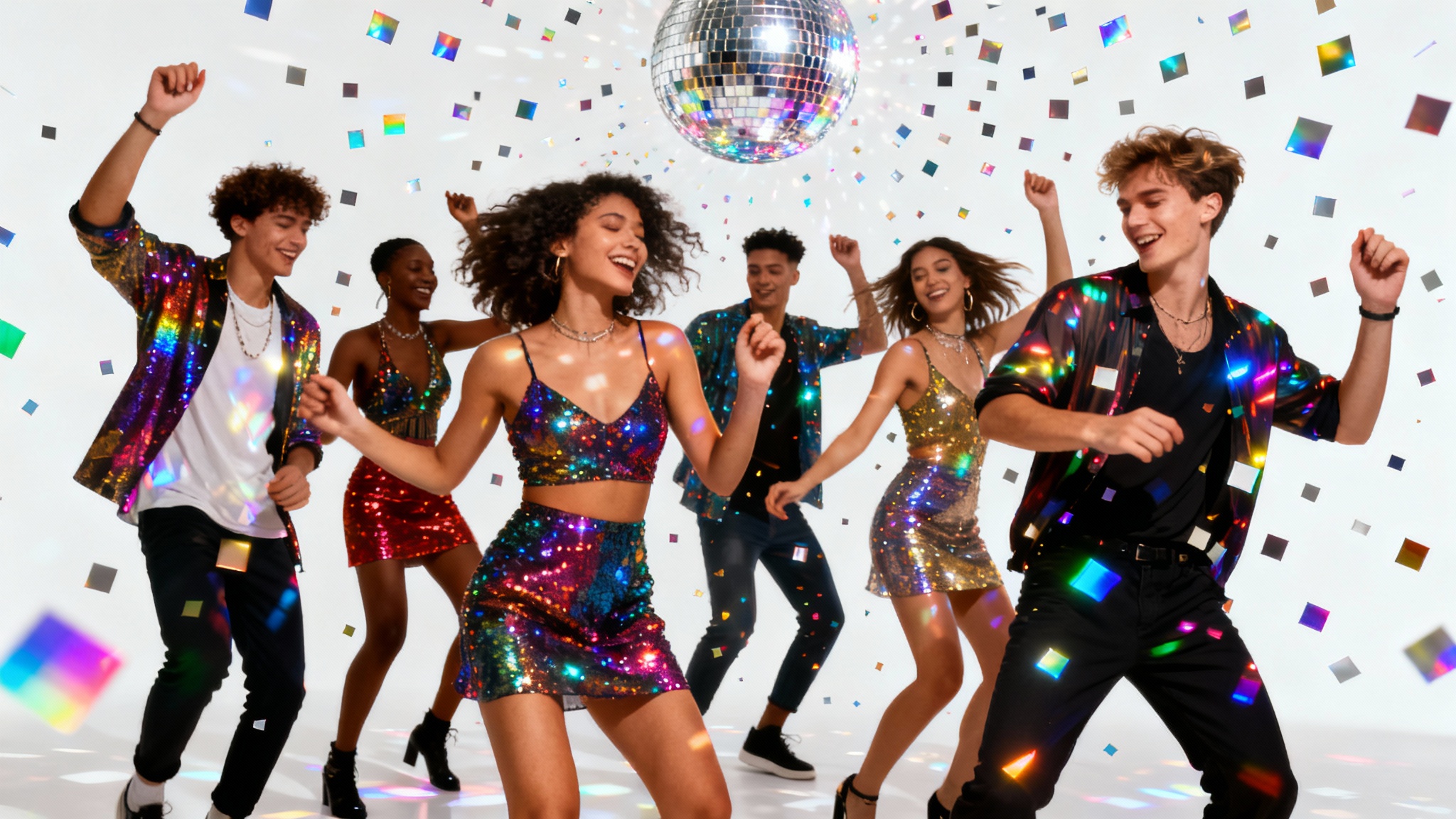 A vibrant photo of a diverse group of people dancing, enhanced with a sparkling, colorful disco ball light overlay effect, set against a clean white background.