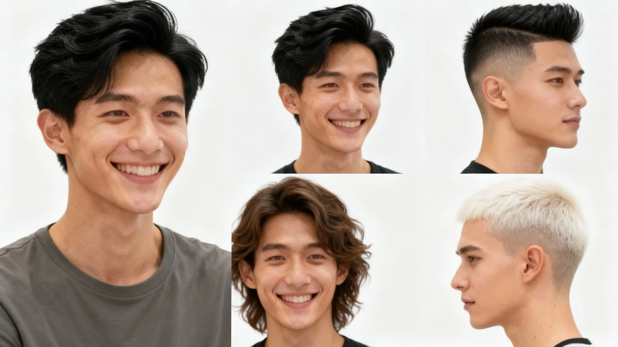 A four-panel grid demonstrating a haircut editor's results. The same man is shown with four different hairstyles: his original short black hair, a modern quiff, long wavy brown hair, and a platinum blonde buzz cut, showing the 'before and after' capabilities.