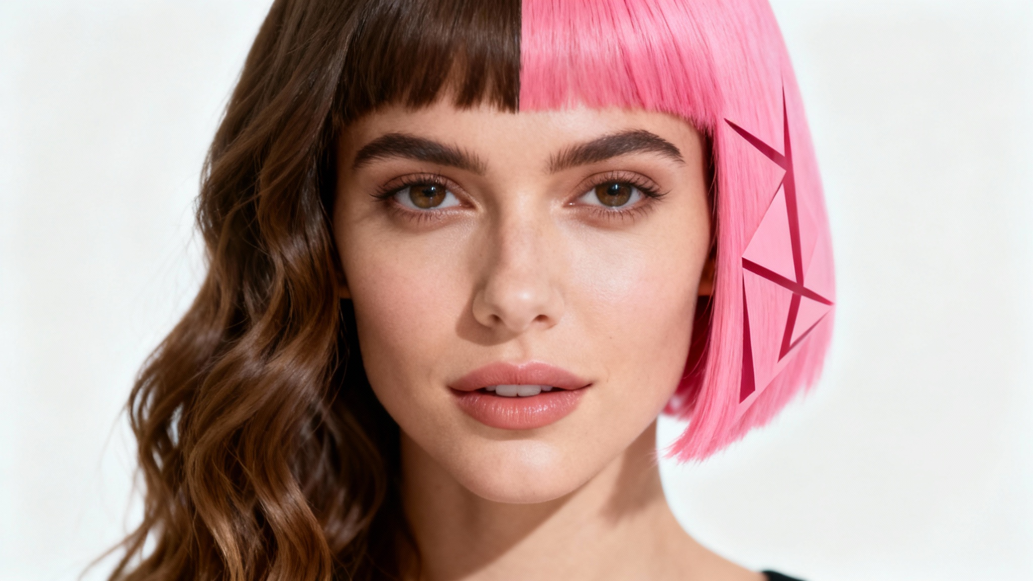A photorealistic image of a woman with two different hairstyles, one side long and brown, the other a short pink bob, demonstrating a haircut editor concept against a white background.
