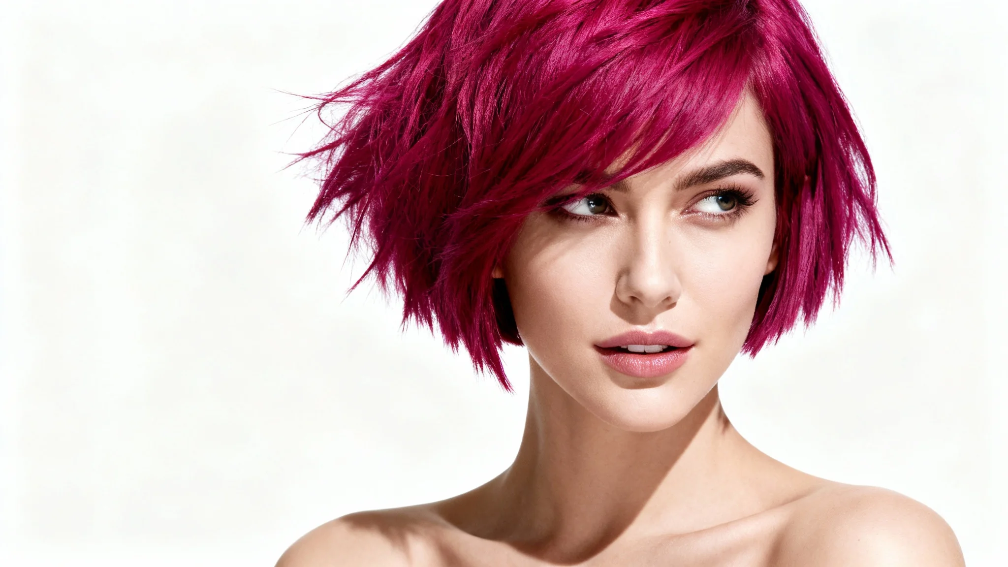A woman with a stylish and modern short magenta pixie haircut, posing confidently against a solid white background.