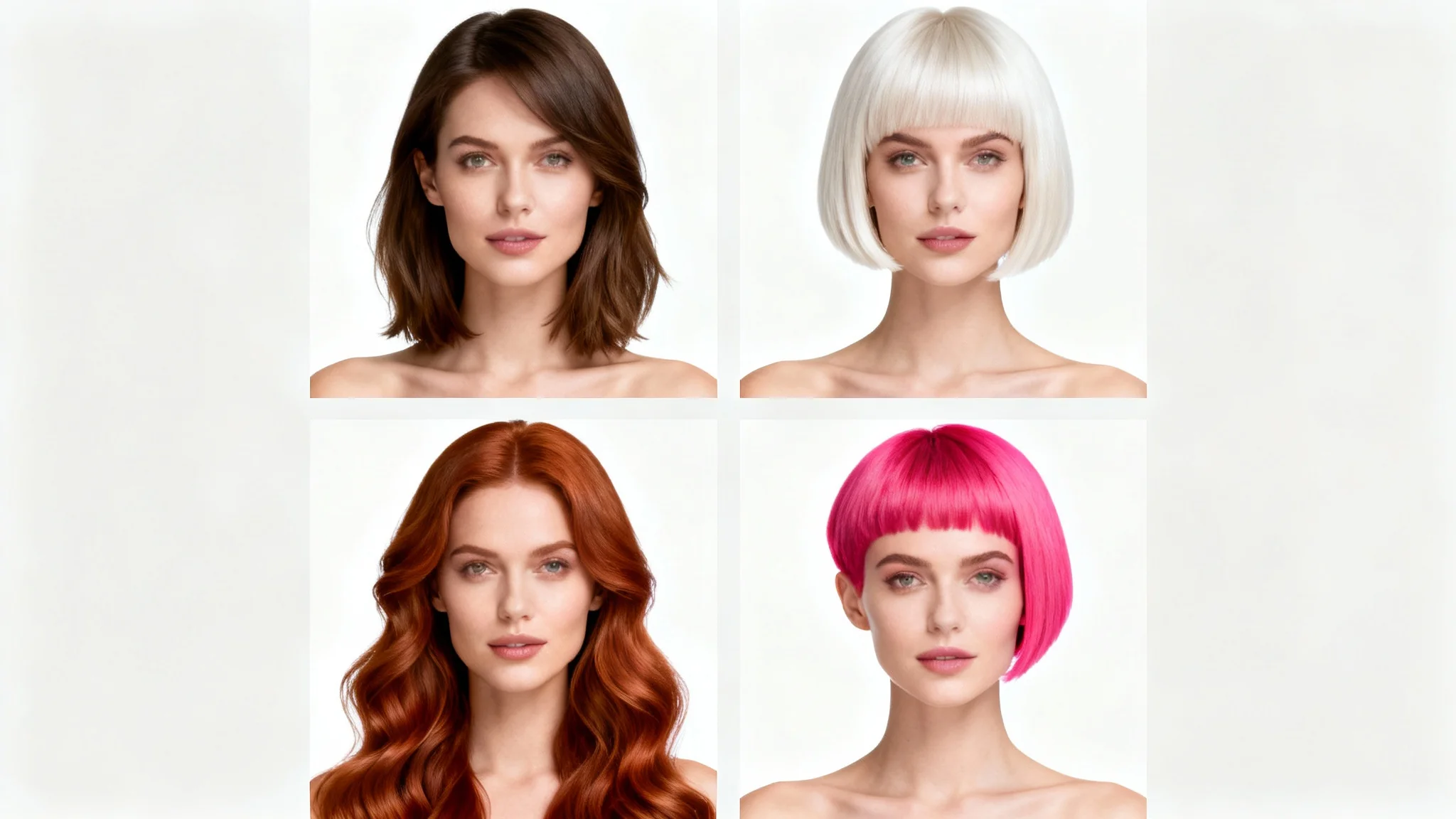 A four-panel grid showing a woman with four different hairstyles to demonstrate a haircut editor: natural brown hair, a platinum blonde bob, long wavy auburn hair, and a pink pixie cut.