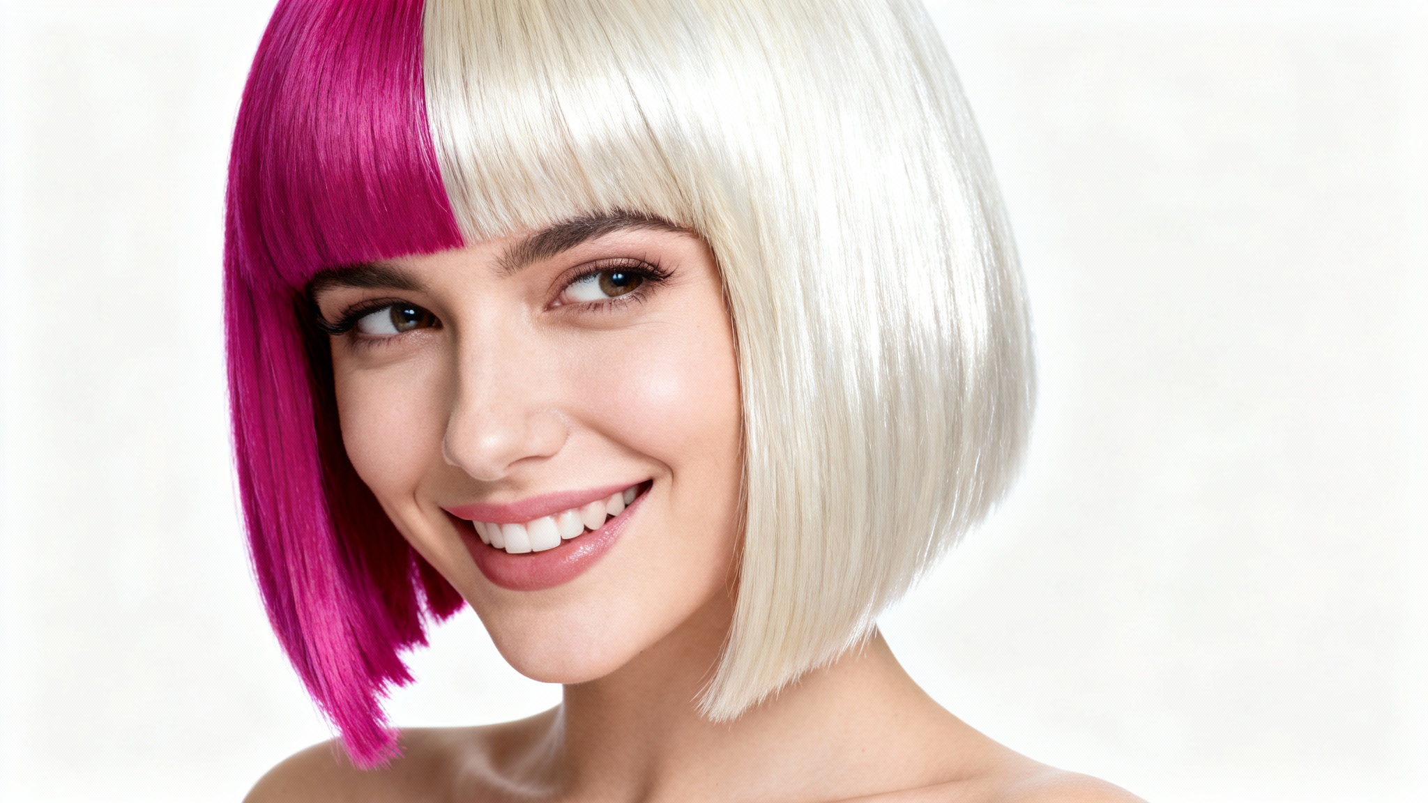 A photorealistic image of a woman with a stylish, dual-colored haircut, fuchsia and platinum blonde, smiling confidently against a plain white background, representing a haircut editor.
