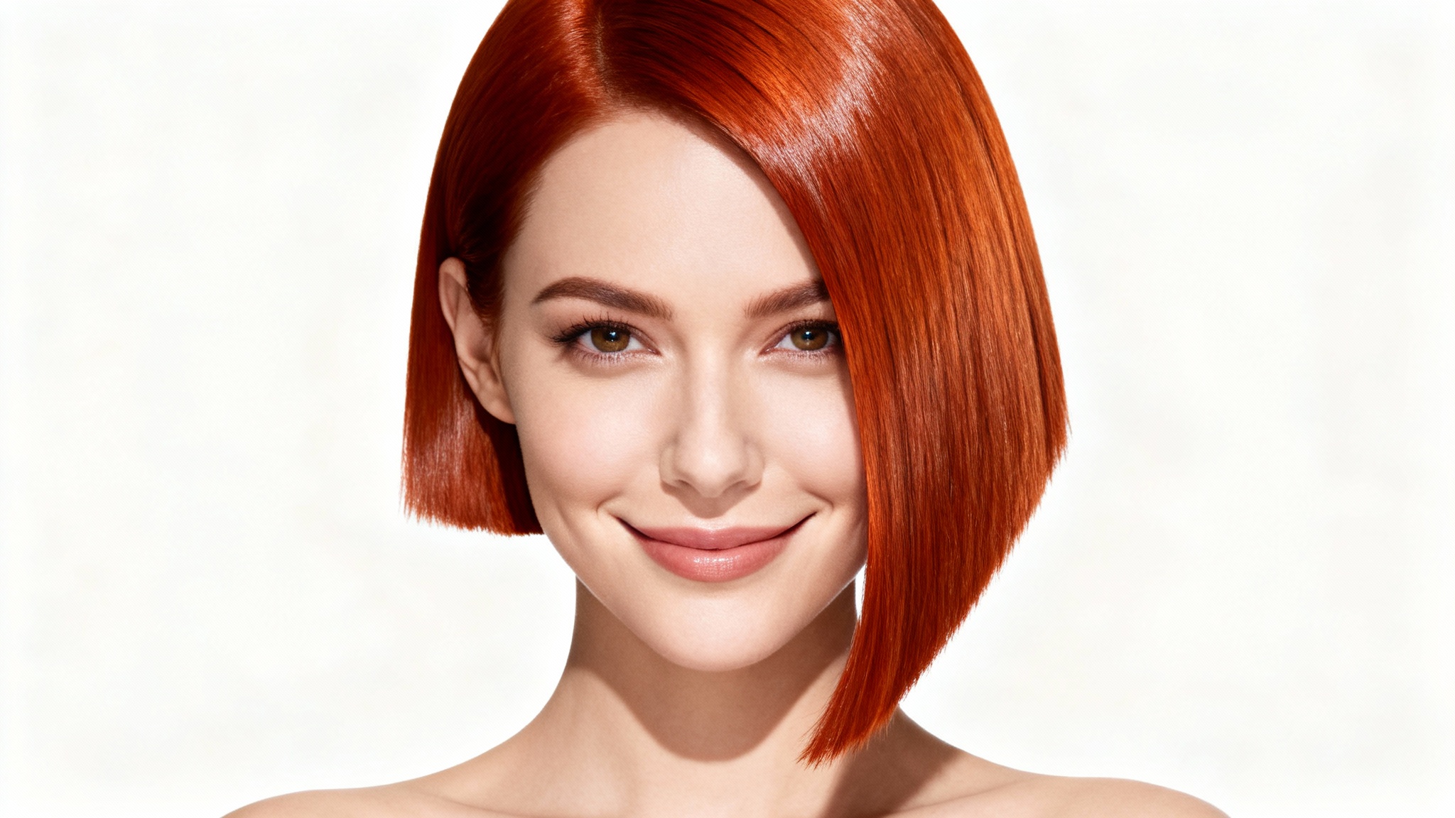 A photorealistic head and shoulders shot of a woman with a stylish, asymmetrical copper-red bob haircut, smiling confidently against a solid white background.