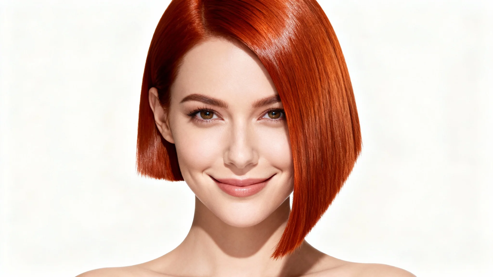A photorealistic head and shoulders shot of a woman with a stylish, asymmetrical copper-red bob haircut, smiling confidently against a solid white background.