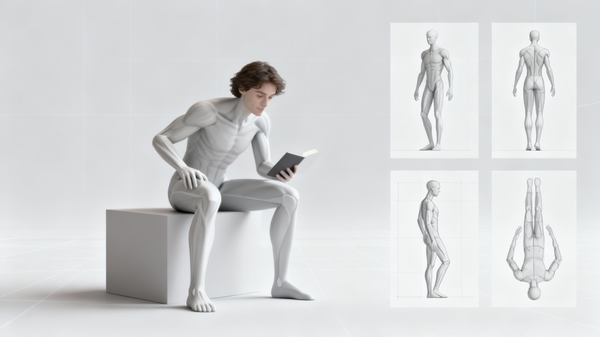 A digital art reference image showing a 3D model in a sitting pose from multiple angles, including front, side, and top-down views, on a clean grid background.