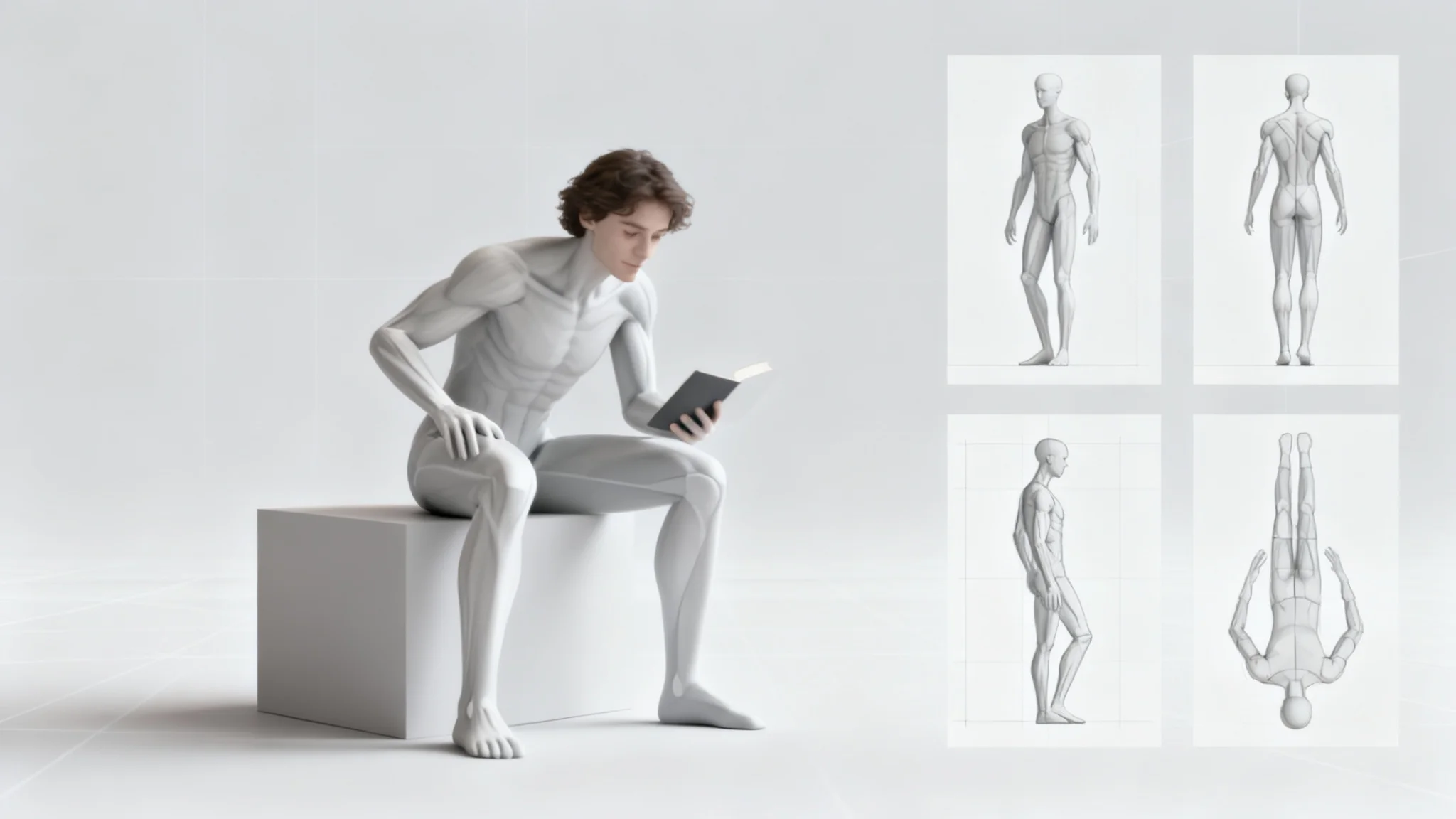 A digital art reference image showing a 3D model in a sitting pose from multiple angles, including front, side, and top-down views, on a clean grid background.