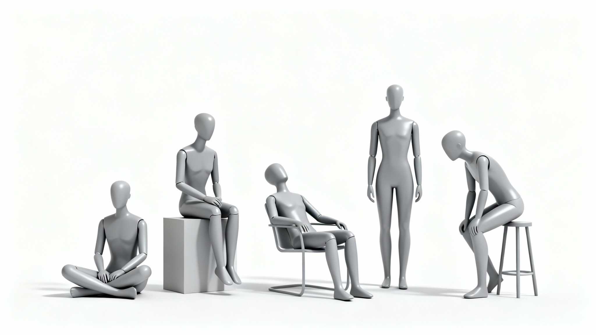 A collection of five grey, gender-neutral mannequins demonstrating various sitting poses for artistic reference against a clean white background.