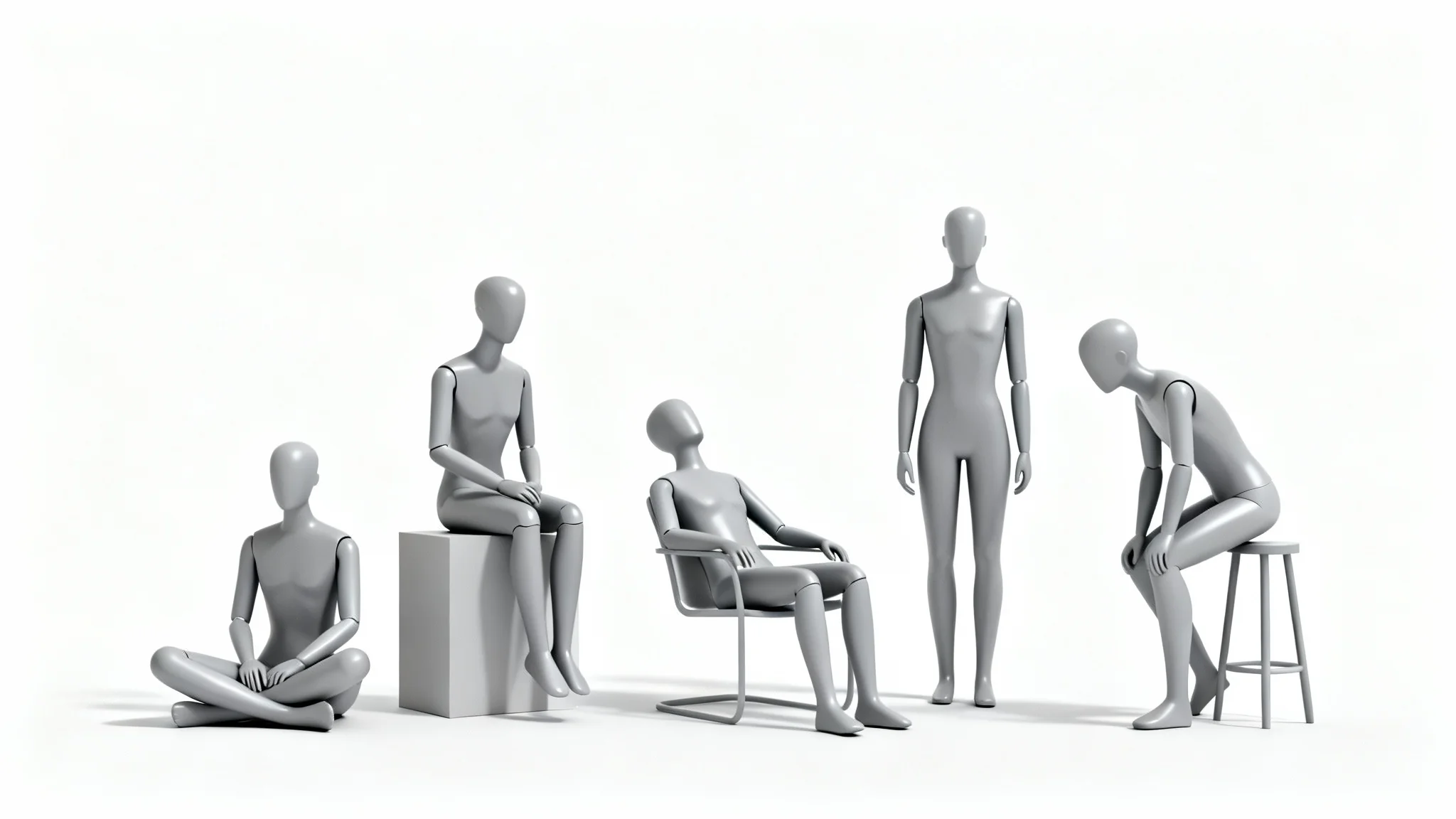 A collection of five grey, gender-neutral mannequins demonstrating various sitting poses for artistic reference against a clean white background.