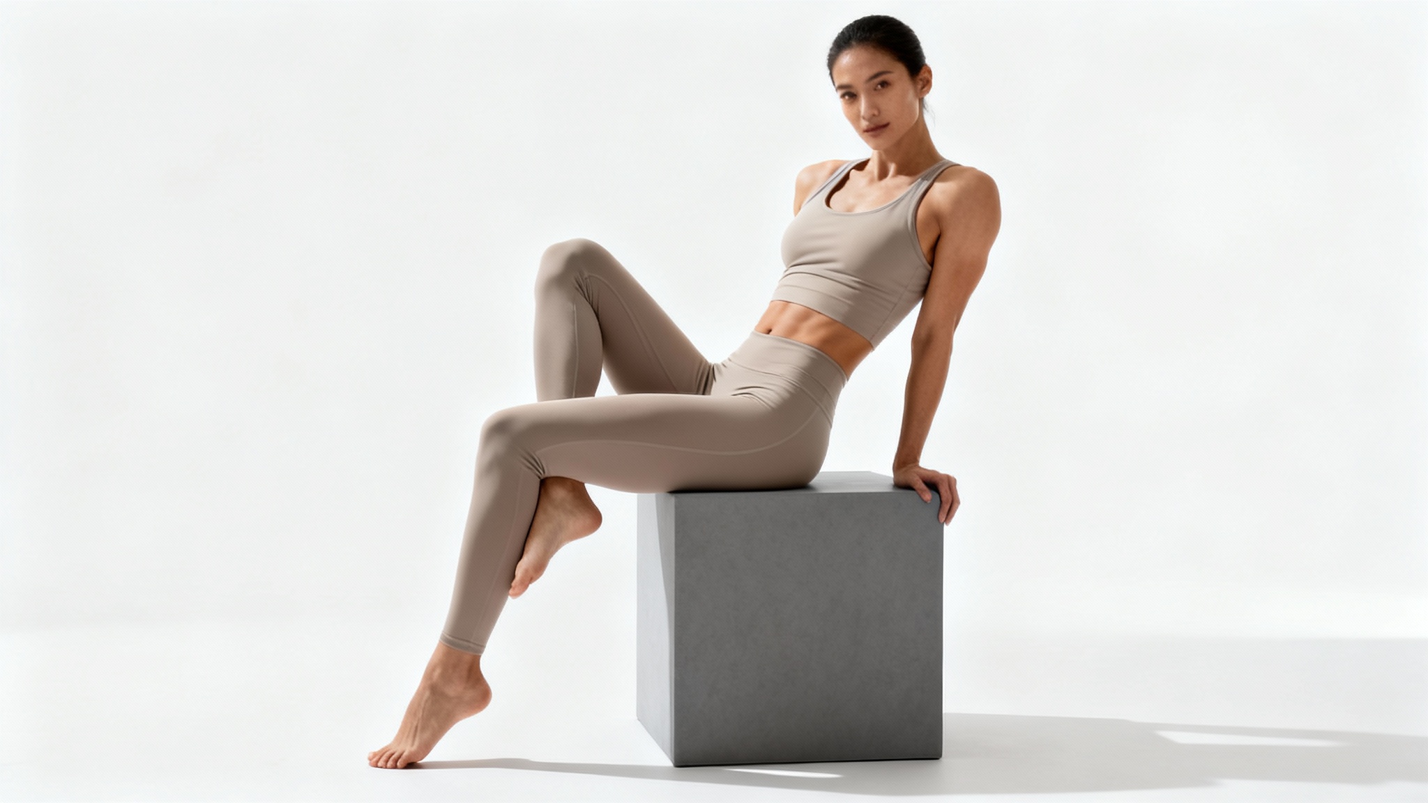 A photorealistic image of an athletic person in a dynamic sitting pose on a grey block, set against a plain white background, serving as an anatomical reference for artists.