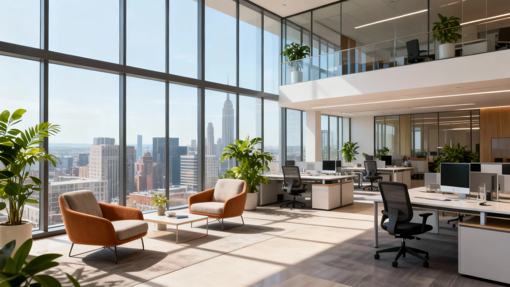 A wide-angle photograph of a modern, sunlit open-plan office with stylish furniture, plants, and large windows, representing a final AI-generated office design.