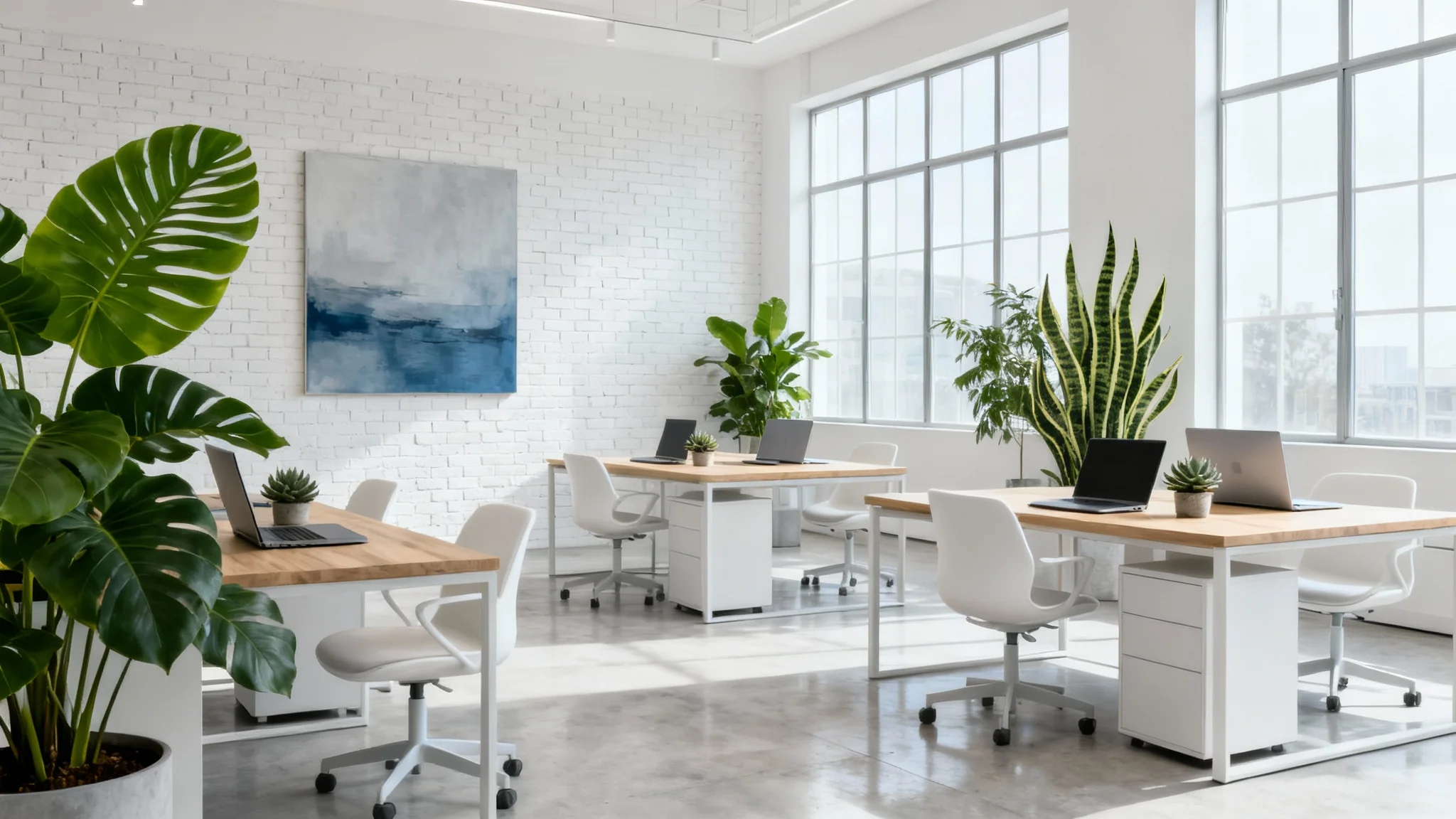 A bright and modern open-plan office with minimalist wooden desks, ergonomic chairs, large windows, and numerous green plants, creating a calm and productive atmosphere.