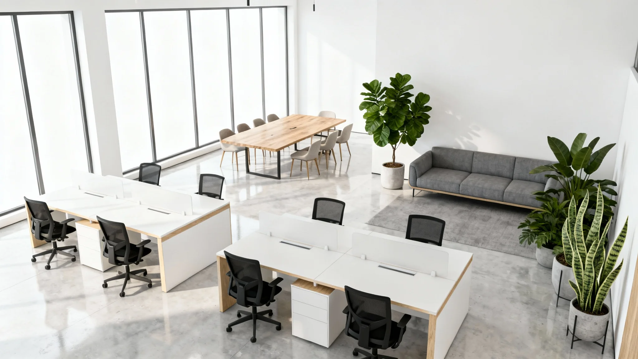 A photorealistic mockup of a modern, open-plan office design featuring white desks, natural light, and green plants against a clean, white background.