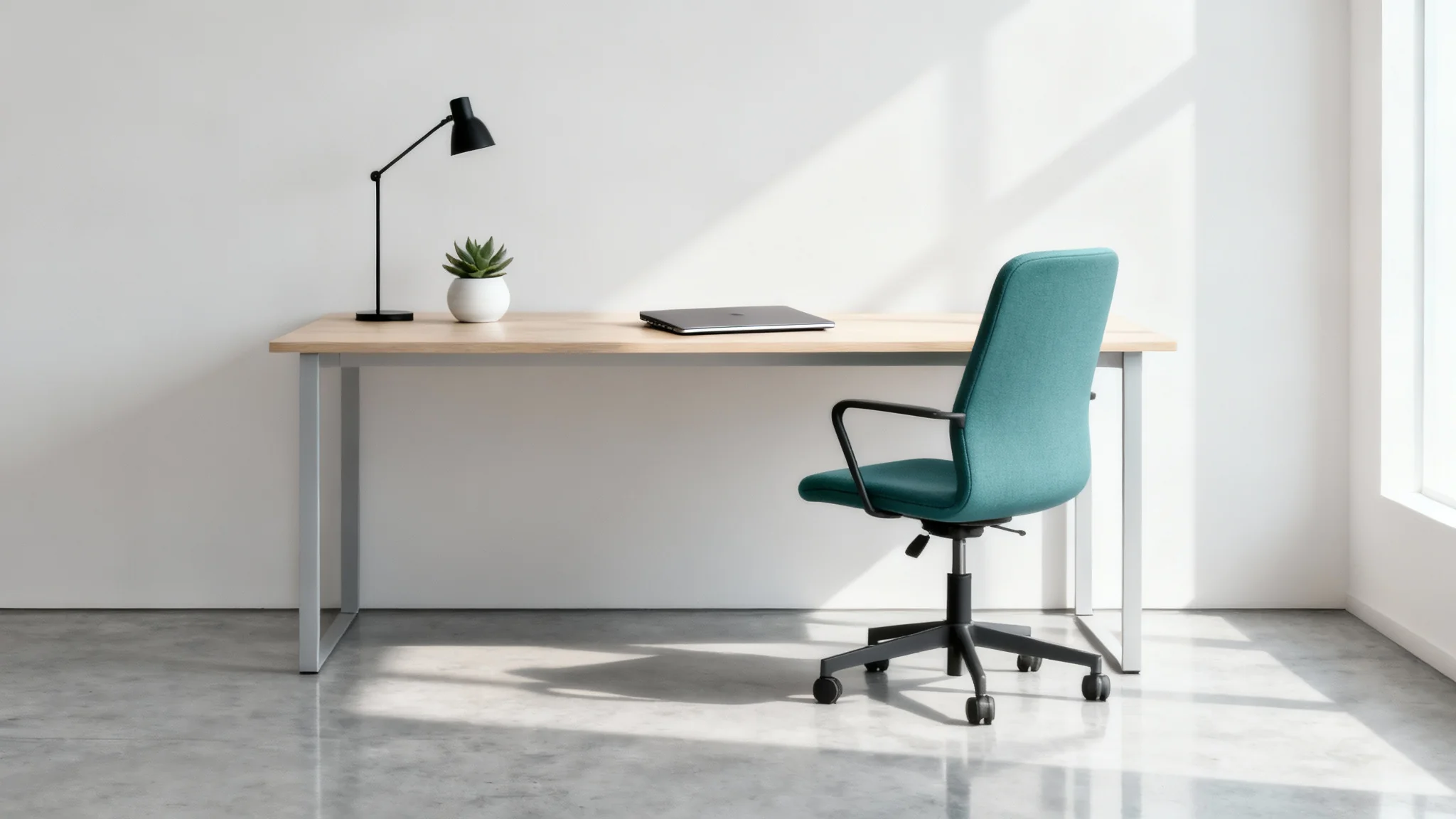 A photorealistic mockup of a modern office design, featuring a wooden desk, an ergonomic teal chair, and a plant, all set against a clean white background.