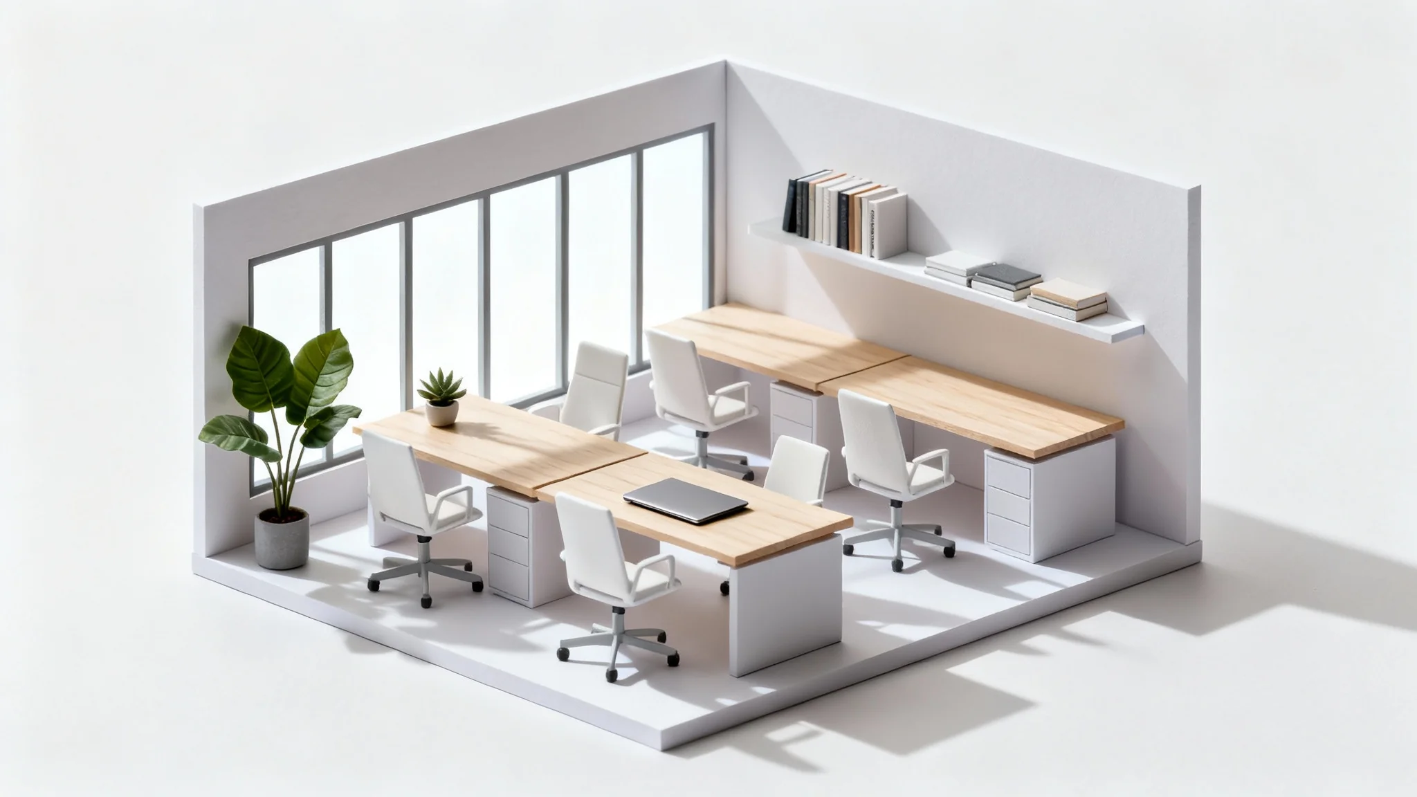 A photorealistic mockup of a modern and bright office space with minimalist furniture, large windows, and green plants, set against a clean white background.