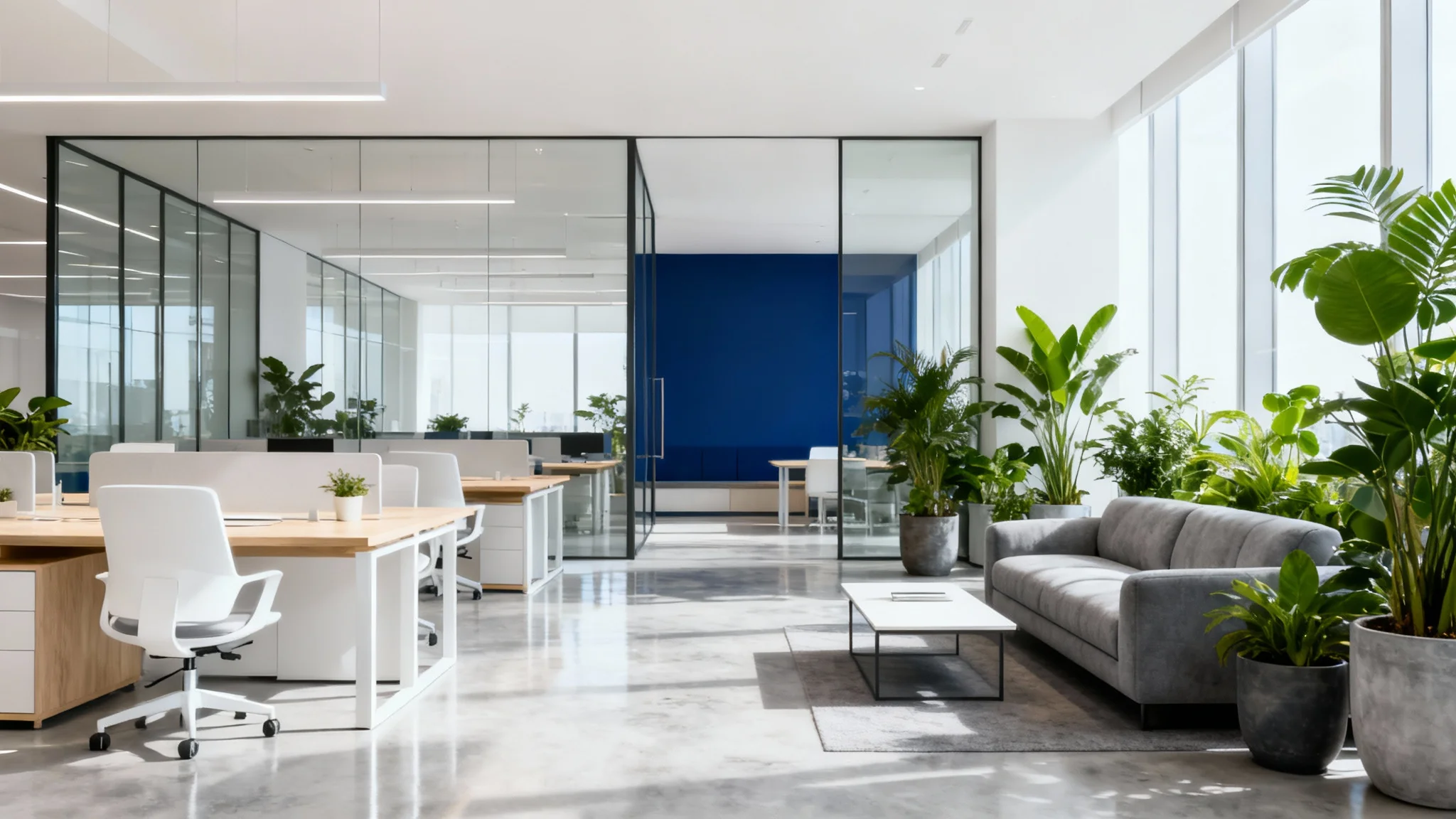 A modern, well-lit open-plan office with minimalist furniture, green plants, and a collaborative workspace, presented as a design concept against a white background.