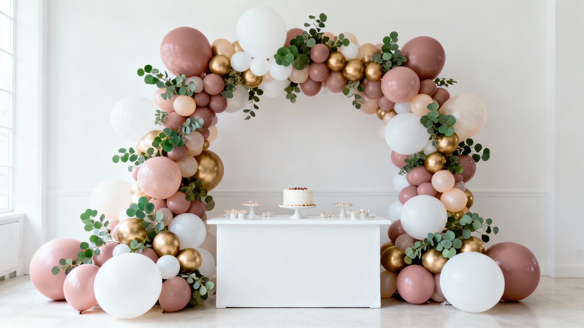 A stunning, professionally designed balloon arch in shades of pink, gold, and green, framing a dessert table at an elegant party.
