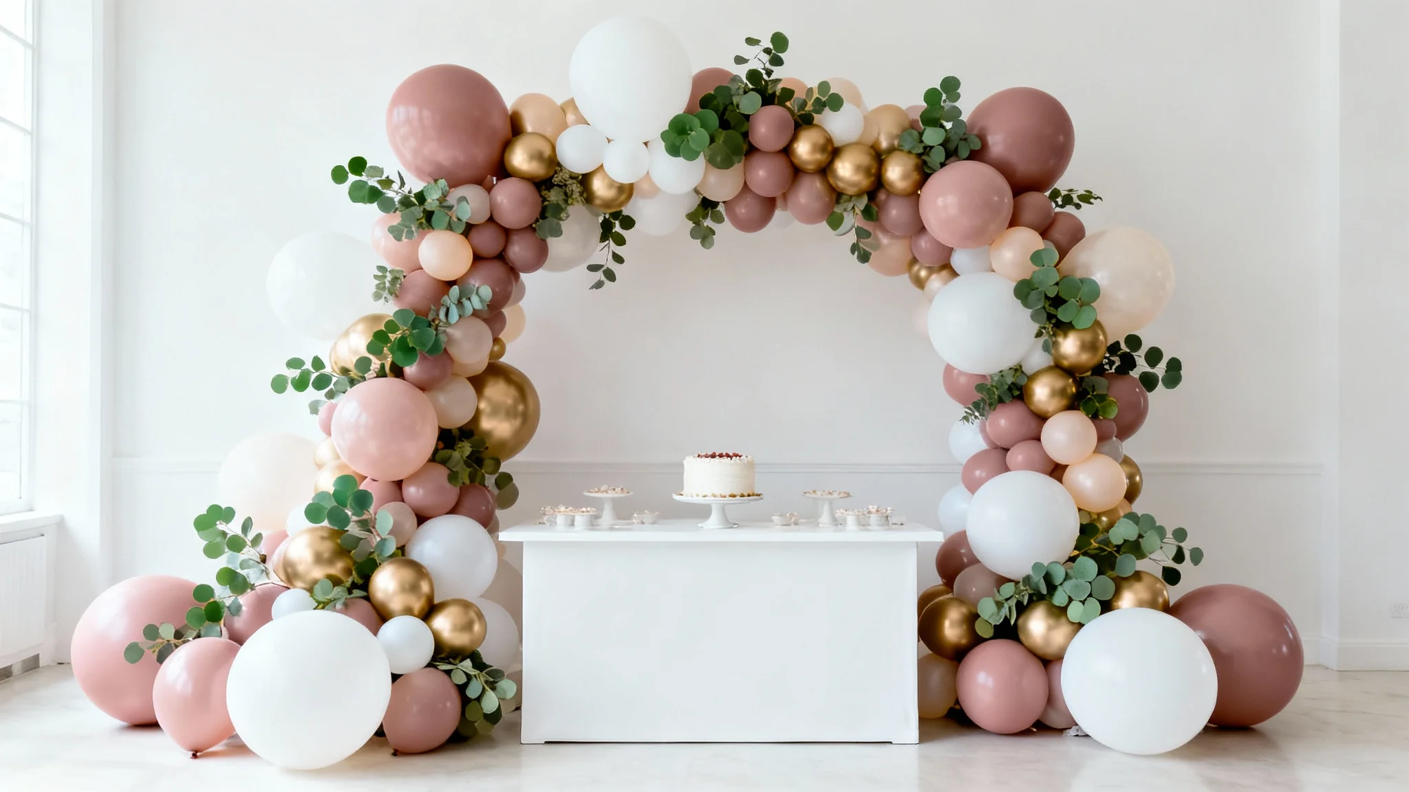 A stunning, professionally designed balloon arch in shades of pink, gold, and green, framing a dessert table at an elegant party.