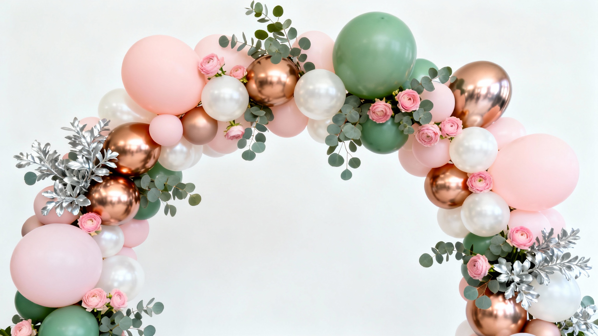 A beautiful, organic balloon arch with pink, rose gold, and white balloons, accented with eucalyptus leaves, professionally photographed against a plain white background.