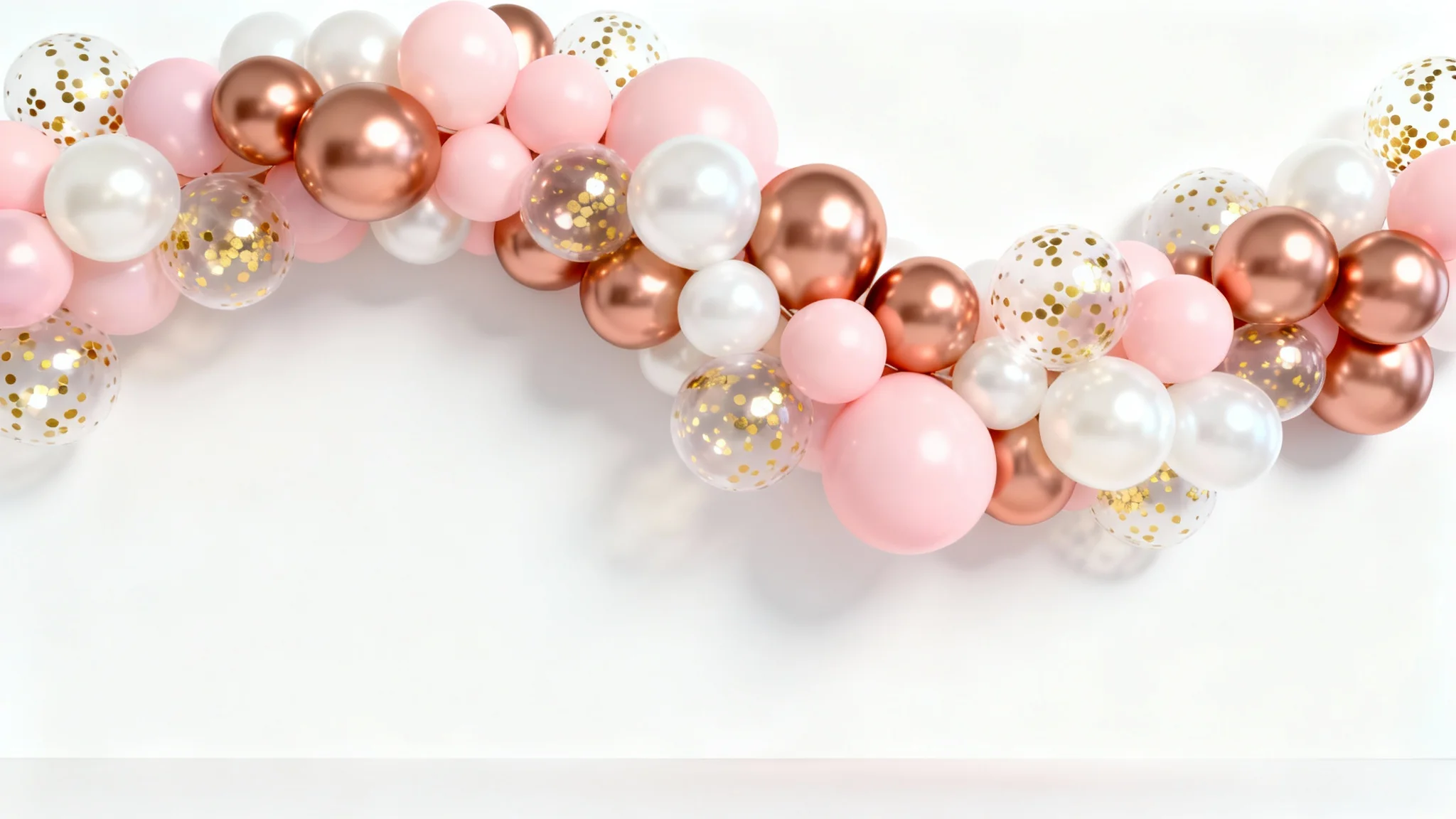 An elegant, organic balloon arch with a color scheme of rose gold, pink, and white, set against a plain white background, showcasing a modern party decoration design.
