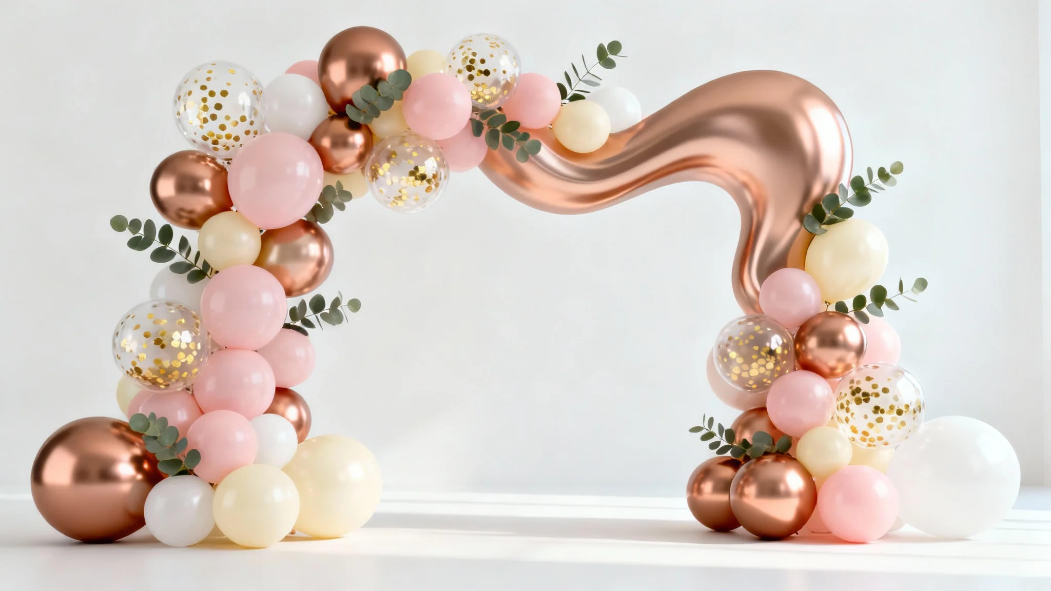 A photorealistic mockup of an elegant and modern balloon arch with a color scheme of rose gold, blush, and white, decorated with eucalyptus leaves, against a plain white background.