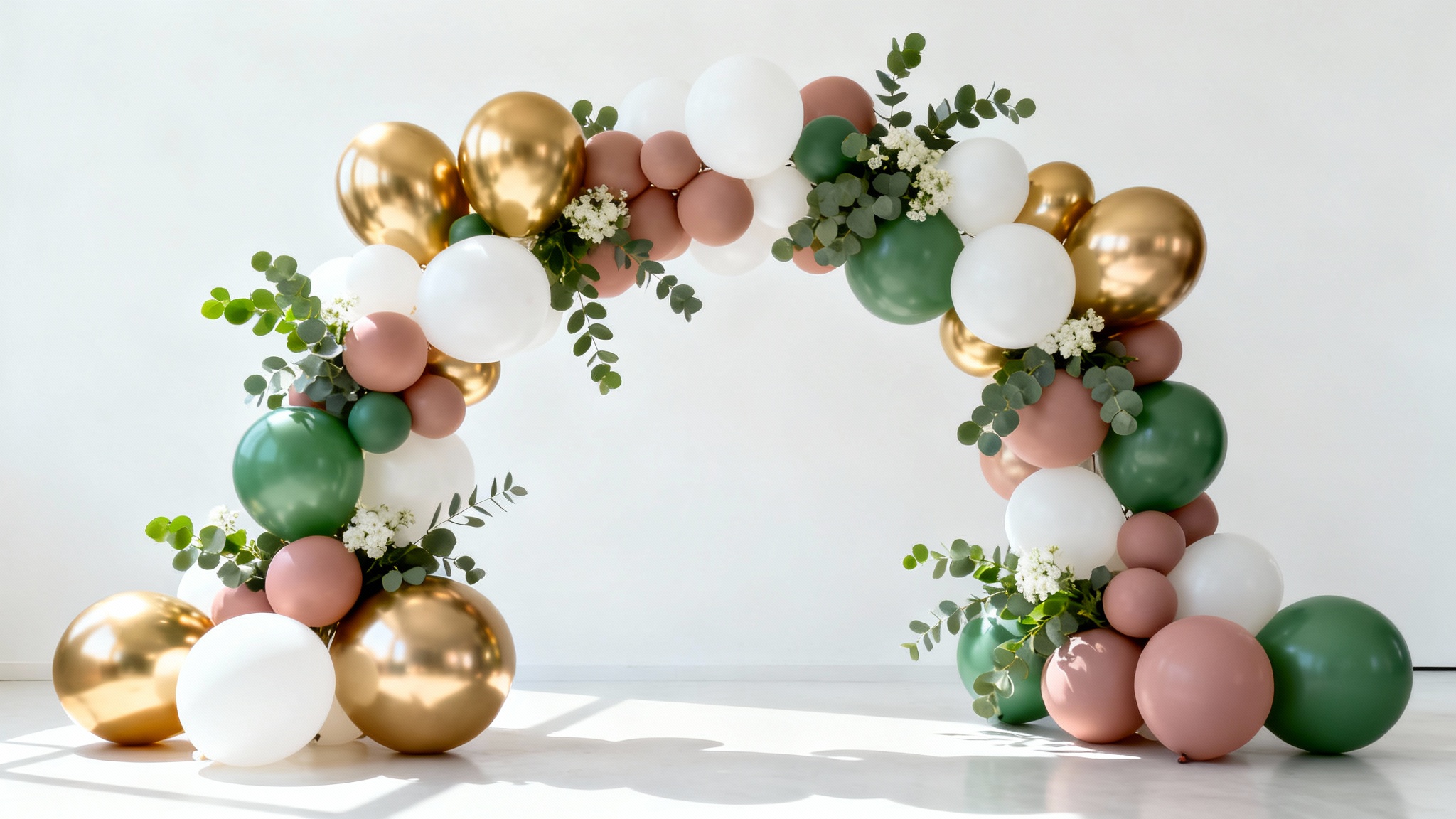 An elegant, asymmetrical balloon arch with gold, white, and dusty rose balloons, accented with eucalyptus leaves, displayed against a clean white background.