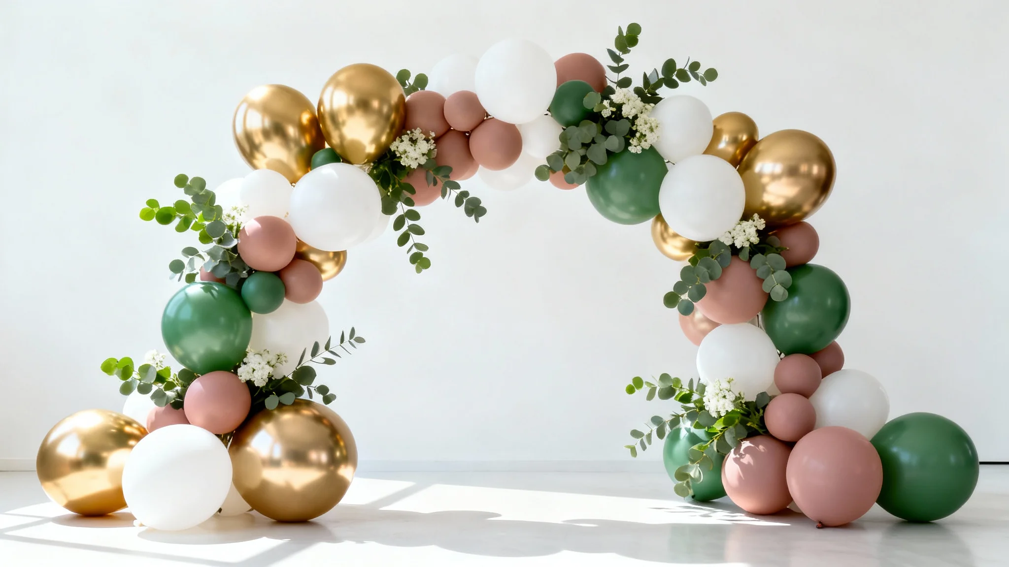 An elegant, asymmetrical balloon arch with gold, white, and dusty rose balloons, accented with eucalyptus leaves, displayed against a clean white background.