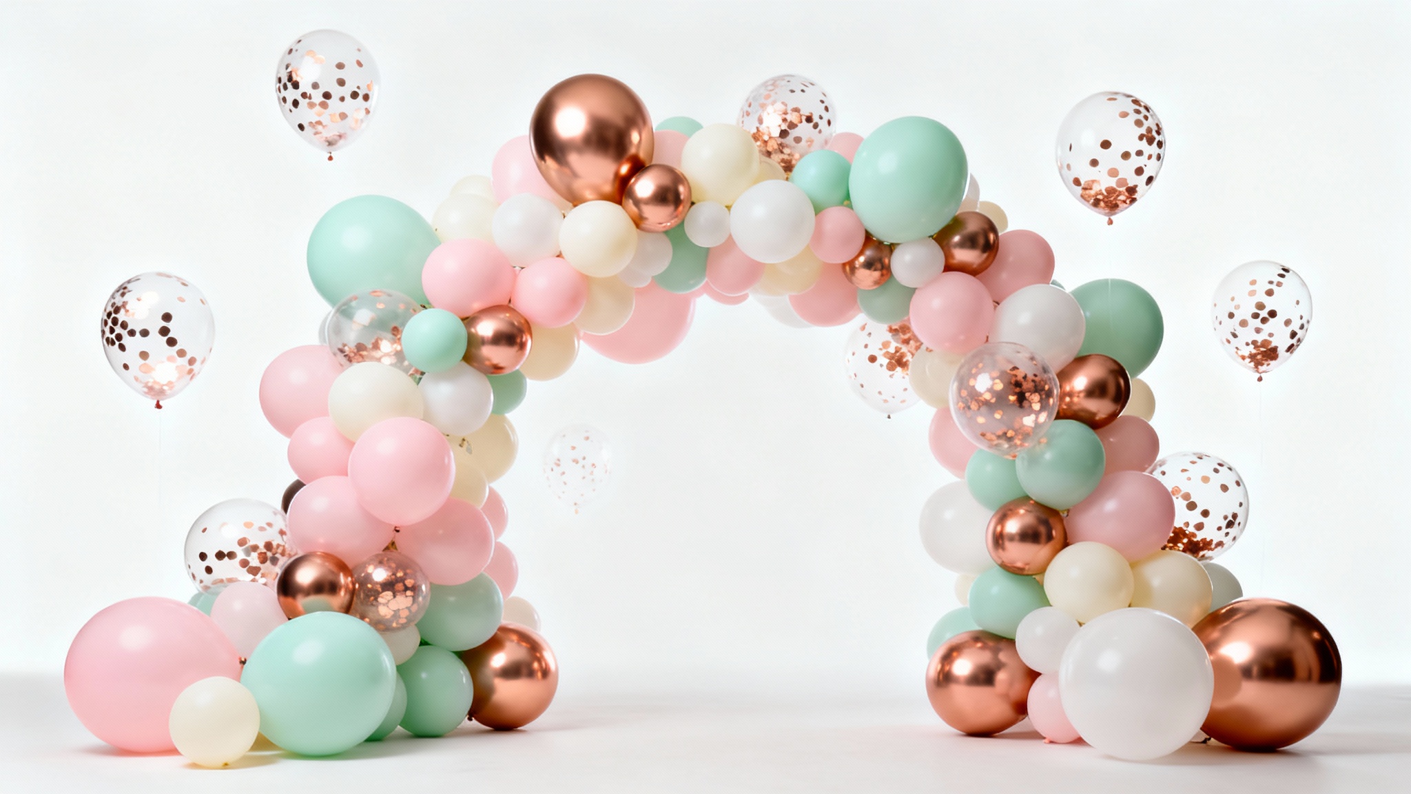 A modern, asymmetrical balloon arch with a mix of pastel pink, mint green, cream, and rose gold balloons, professionally photographed against a clean white background.