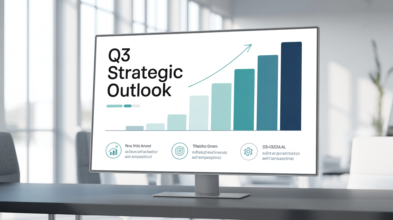 A professionally designed presentation slide with the title 'Q3 Strategic Outlook', featuring a bar chart and key metrics in a modern corporate style.