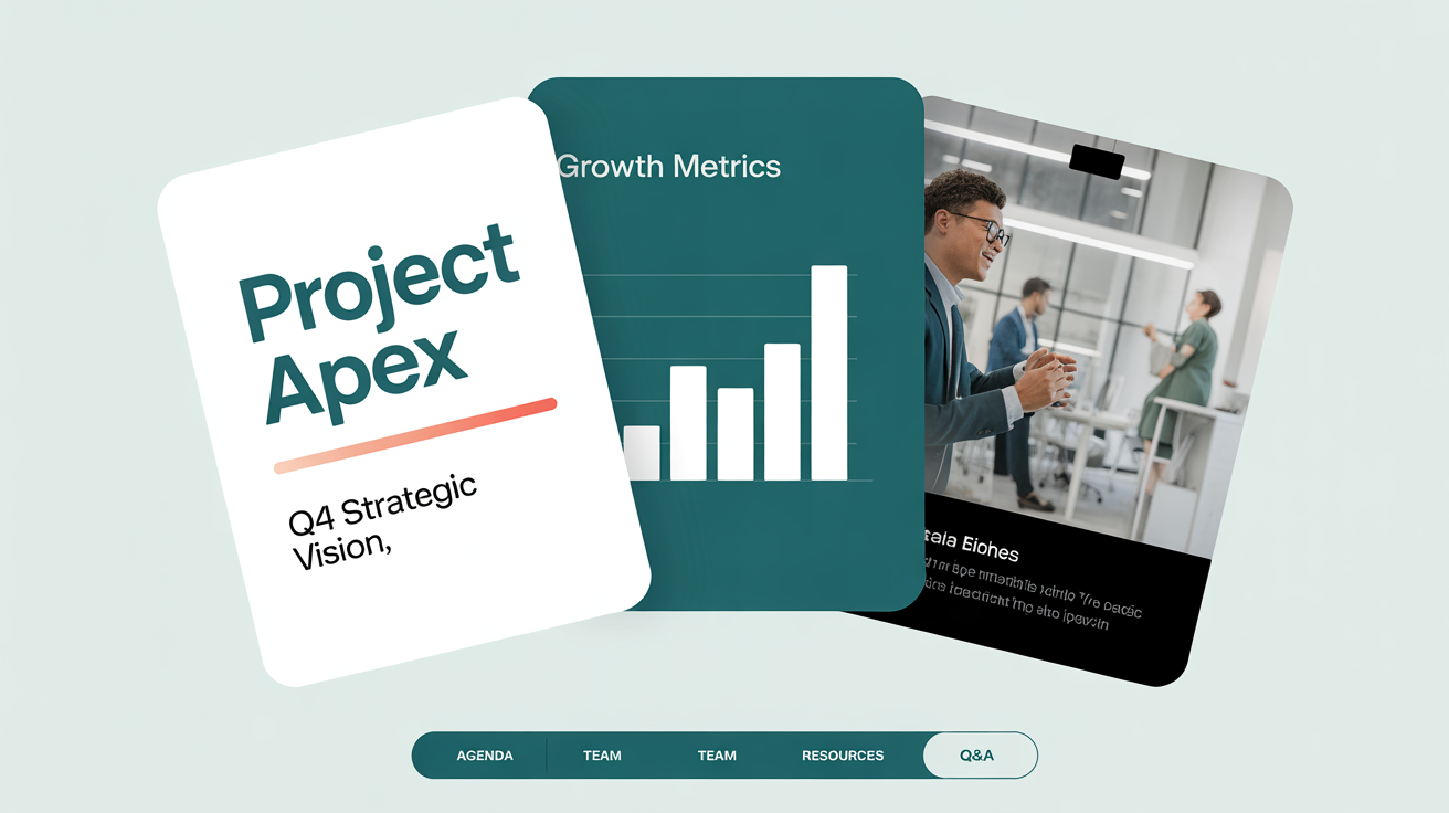 A mockup of three modern presentation slides arranged against a white background, showcasing a professional design for a strategic vision presentation.