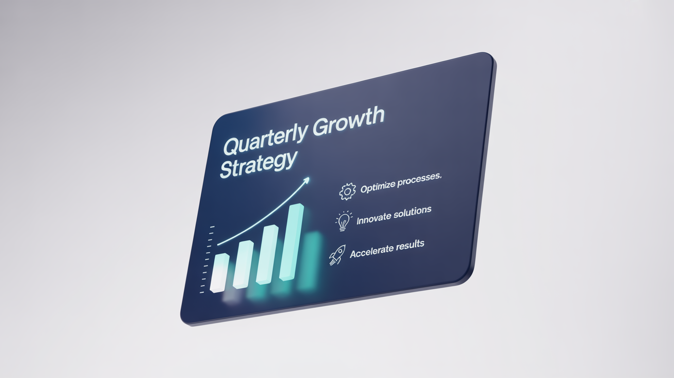 A modern presentation slide mockup with the title 'Quarterly Growth Strategy', featuring a bar chart and key strategy points, set against a plain white background.