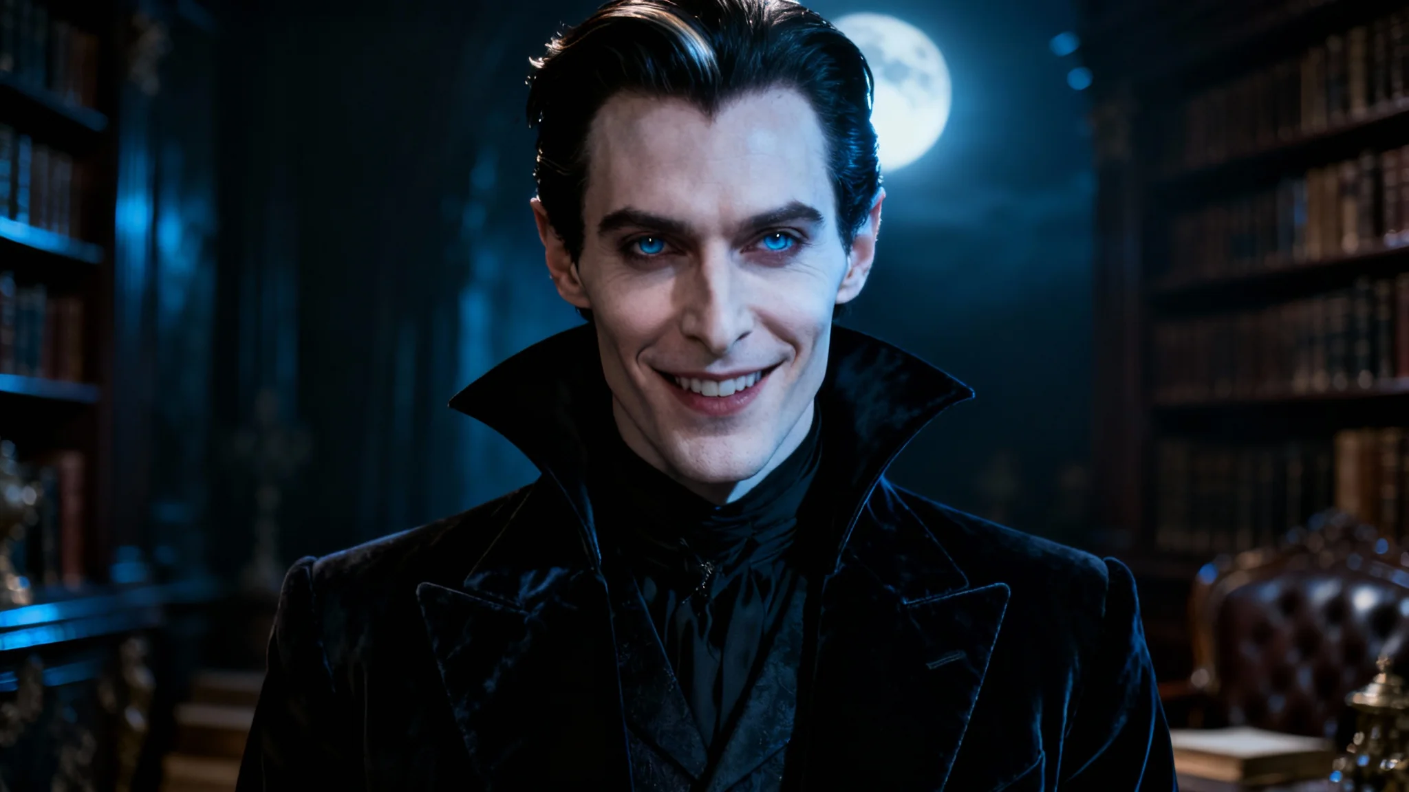 A photorealistic hero image of a handsome, modern vampire in a dark, elegant jacket, looking confidently at the viewer with piercing eyes in a dimly lit, opulent room.