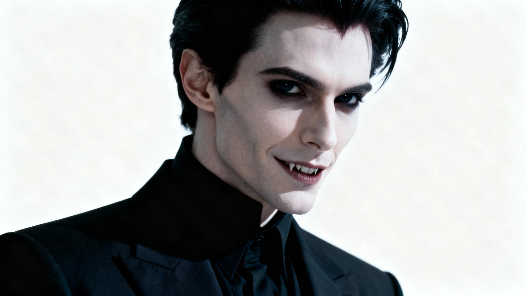A photorealistic portrait of a handsome male vampire with pale skin and dark hair, dressed in a modern dark jacket, looking intensely forward against a white background.
