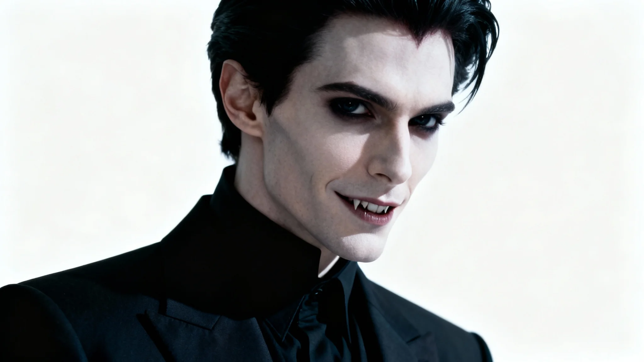 A photorealistic portrait of a handsome male vampire with pale skin and dark hair, dressed in a modern dark jacket, looking intensely forward against a white background.