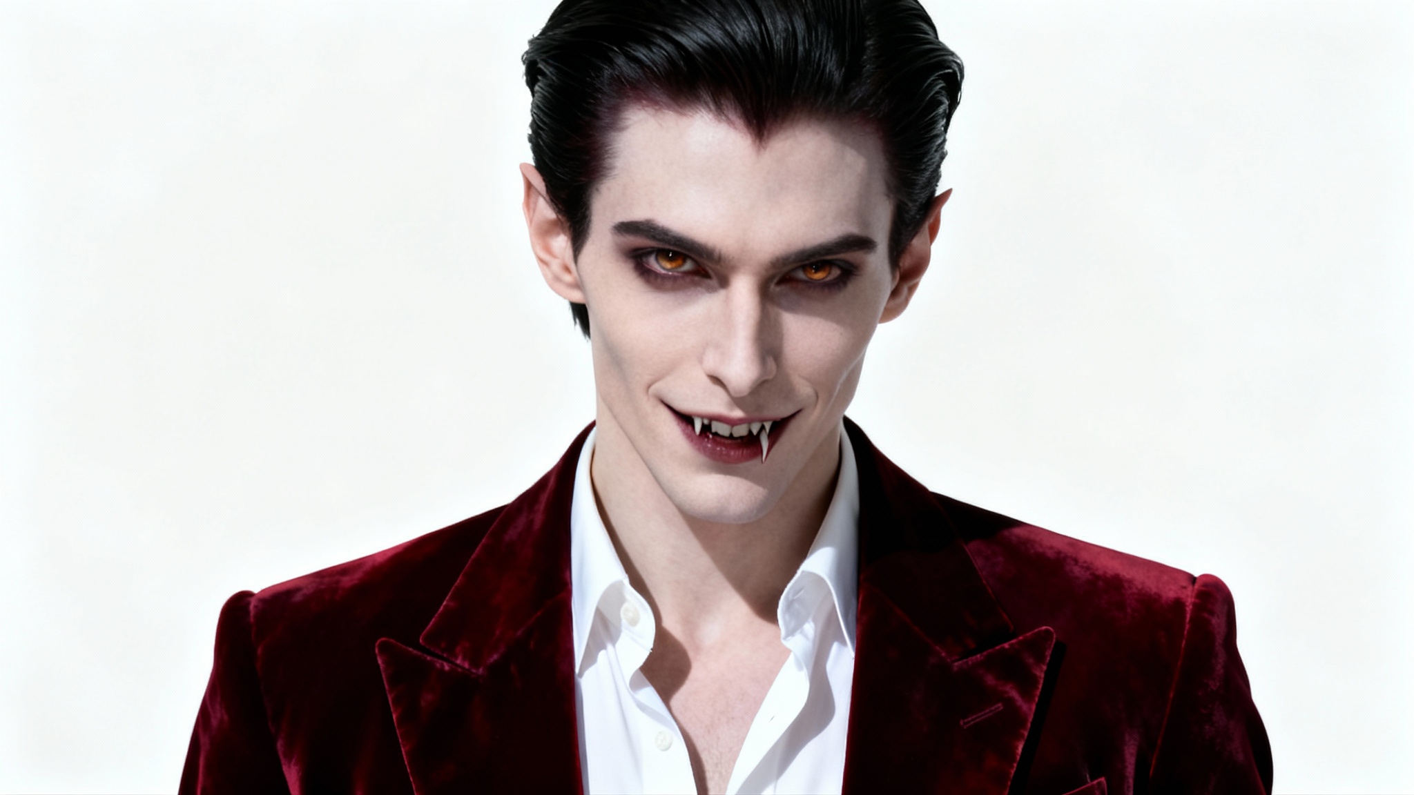 A photorealistic portrait of a handsome, modern male vampire with pale skin and dark hair, dressed in a stylish velvet blazer, set against a clean white background.