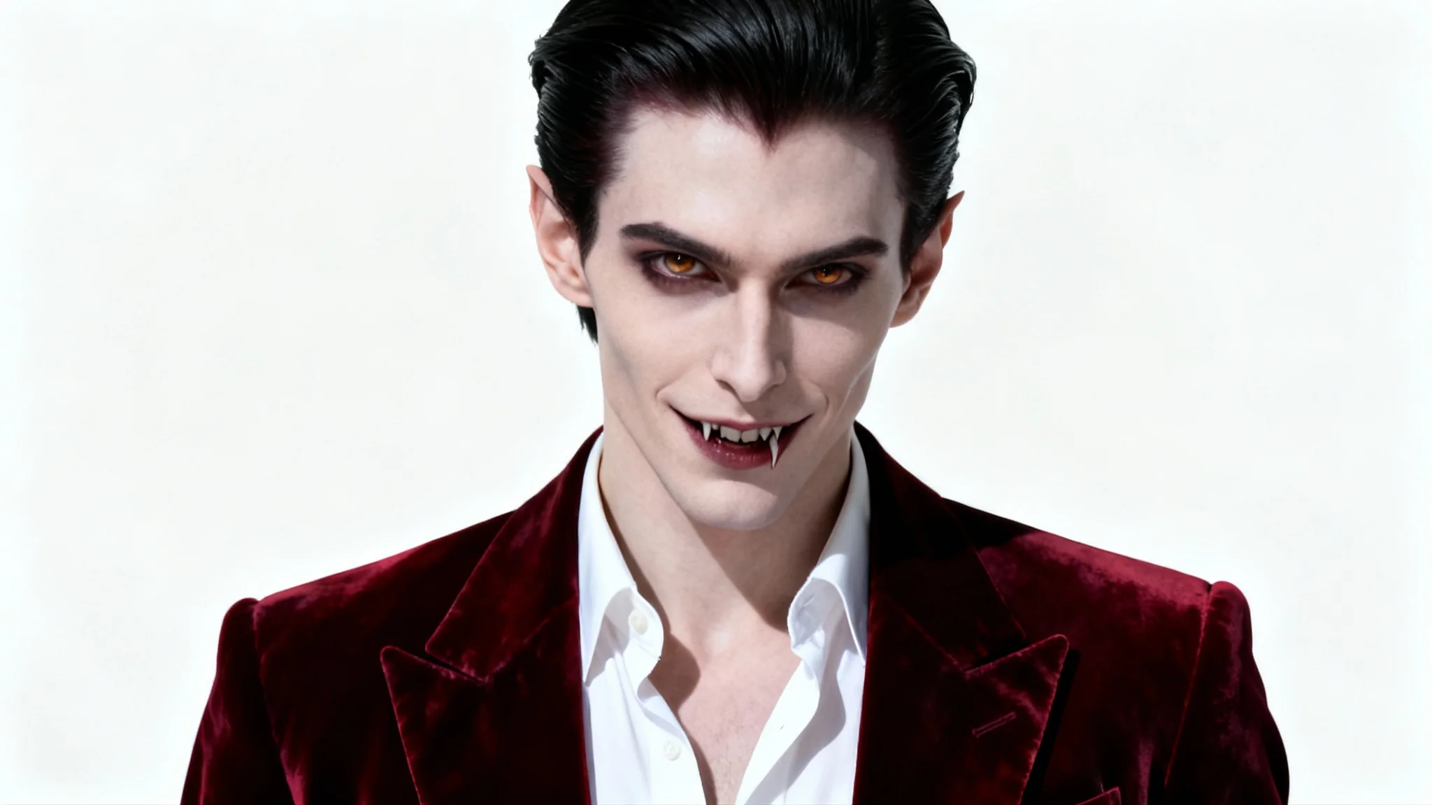 A photorealistic portrait of a handsome, modern male vampire with pale skin and dark hair, dressed in a stylish velvet blazer, set against a clean white background.