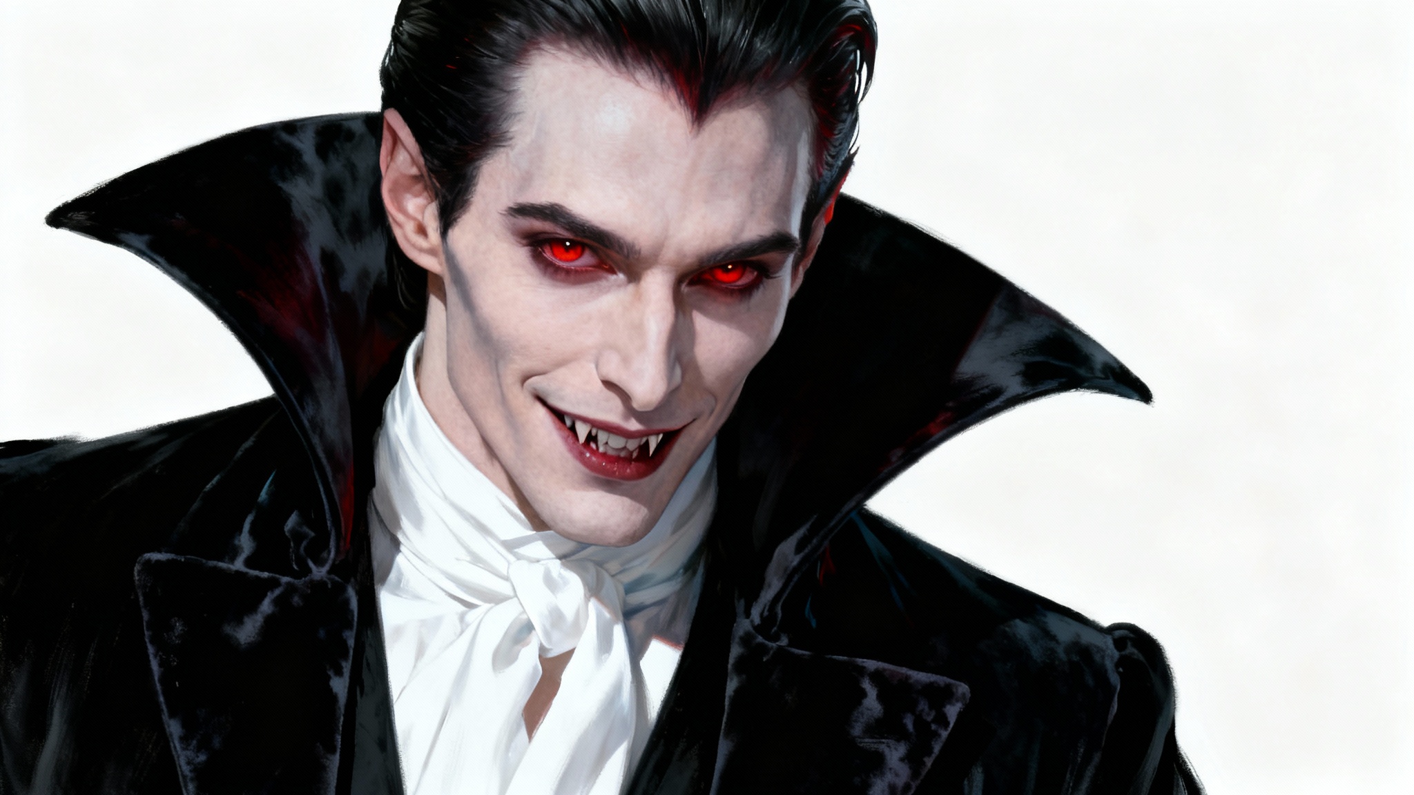 A detailed digital portrait of a handsome male vampire with pale skin, intense red eyes, and dark hair, dressed in elegant gothic attire against a clean white background.