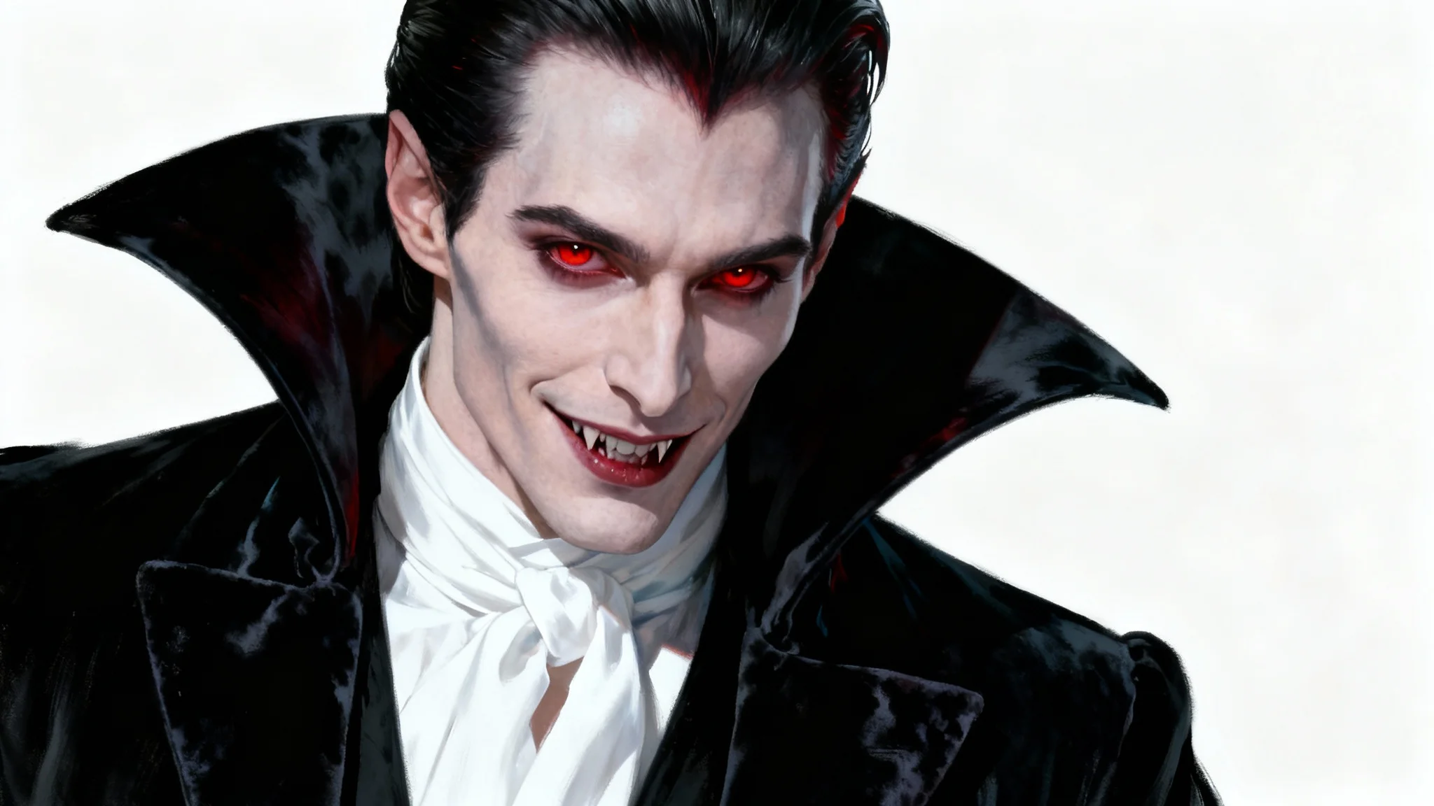 A detailed digital portrait of a handsome male vampire with pale skin, intense red eyes, and dark hair, dressed in elegant gothic attire against a clean white background.