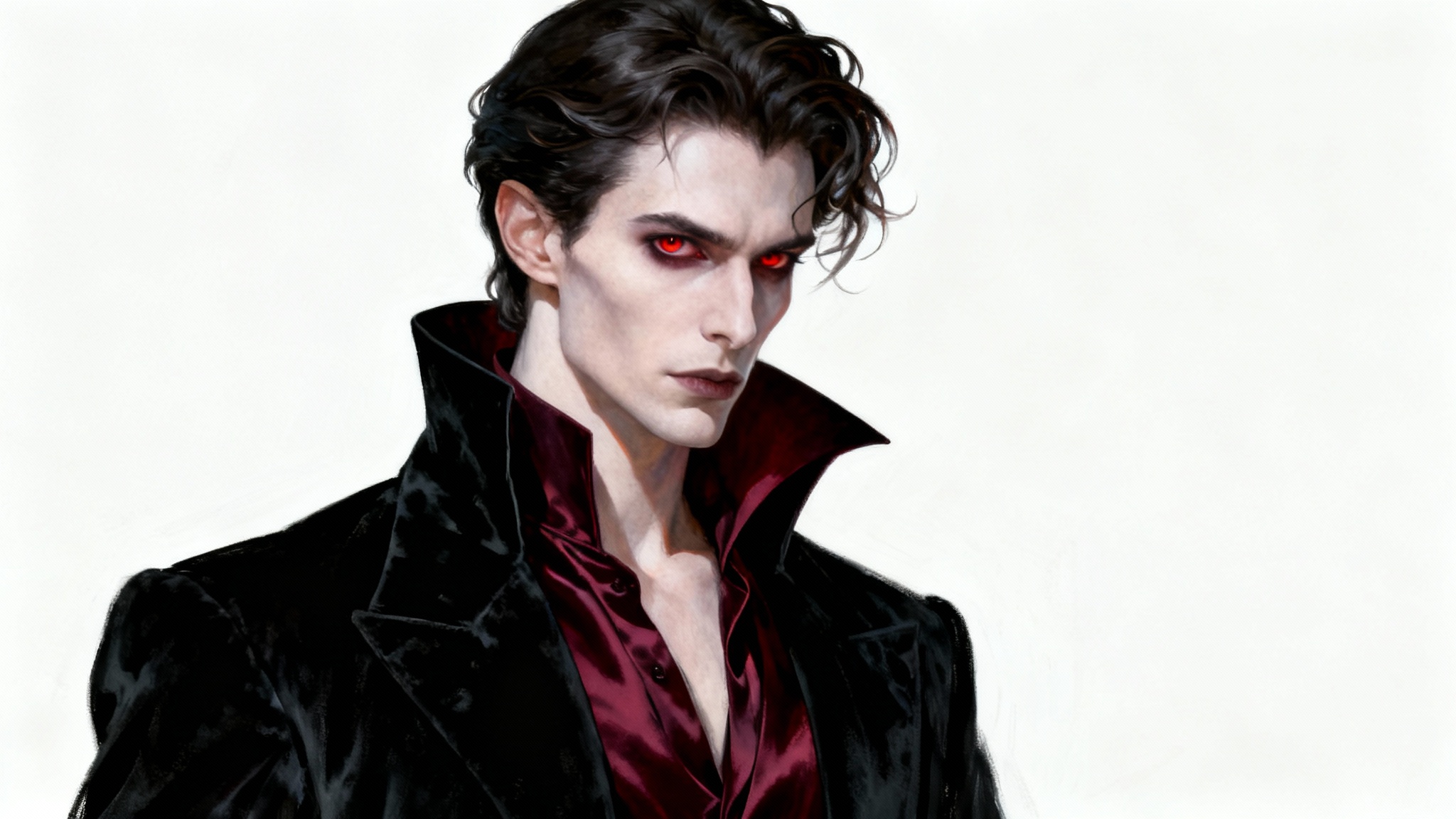 A hyper-detailed digital painting of a handsome, aristocratic male vampire with crimson eyes, wearing a black velvet jacket against a solid off-white background.