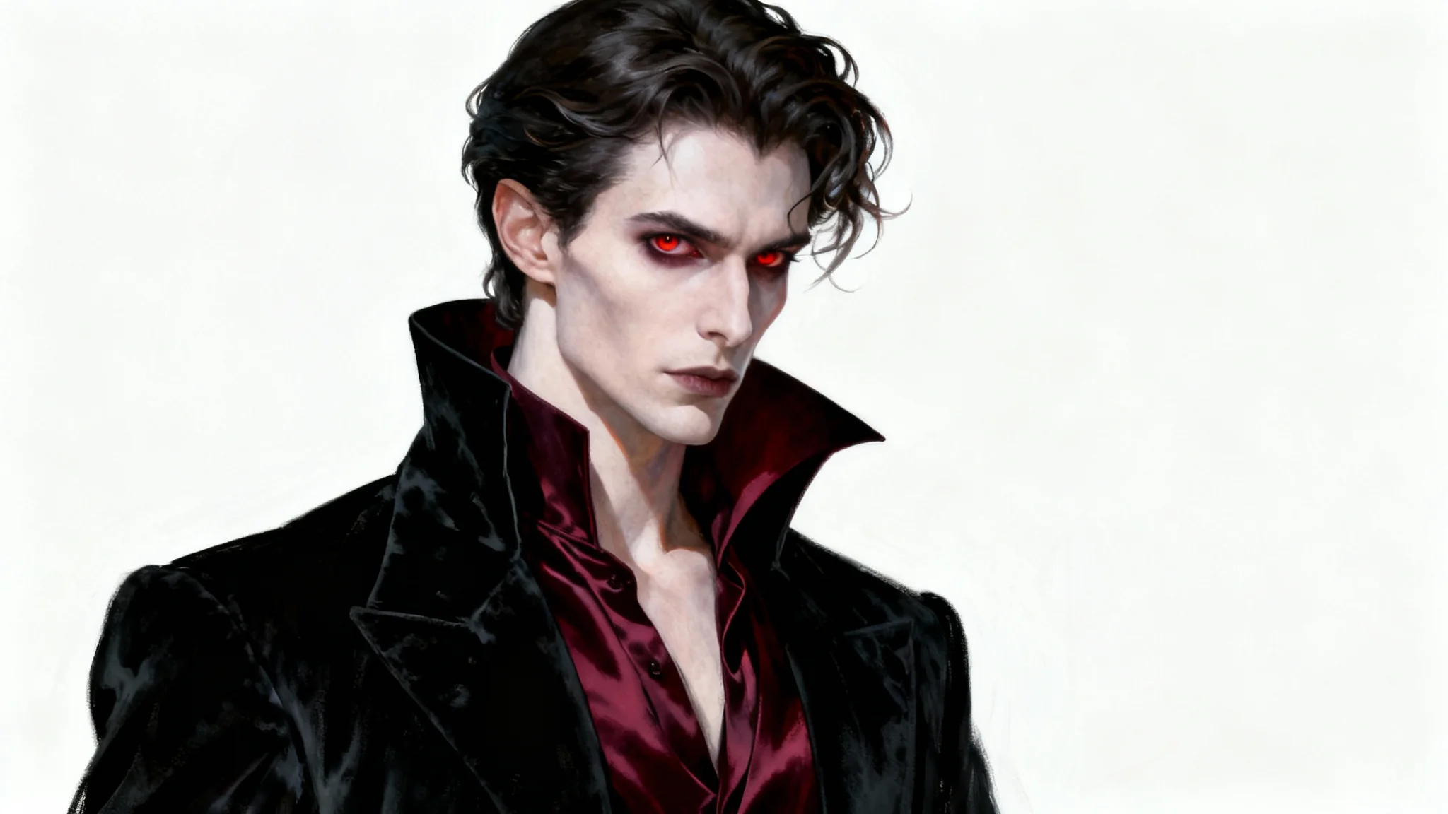 A hyper-detailed digital painting of a handsome, aristocratic male vampire with crimson eyes, wearing a black velvet jacket against a solid off-white background.