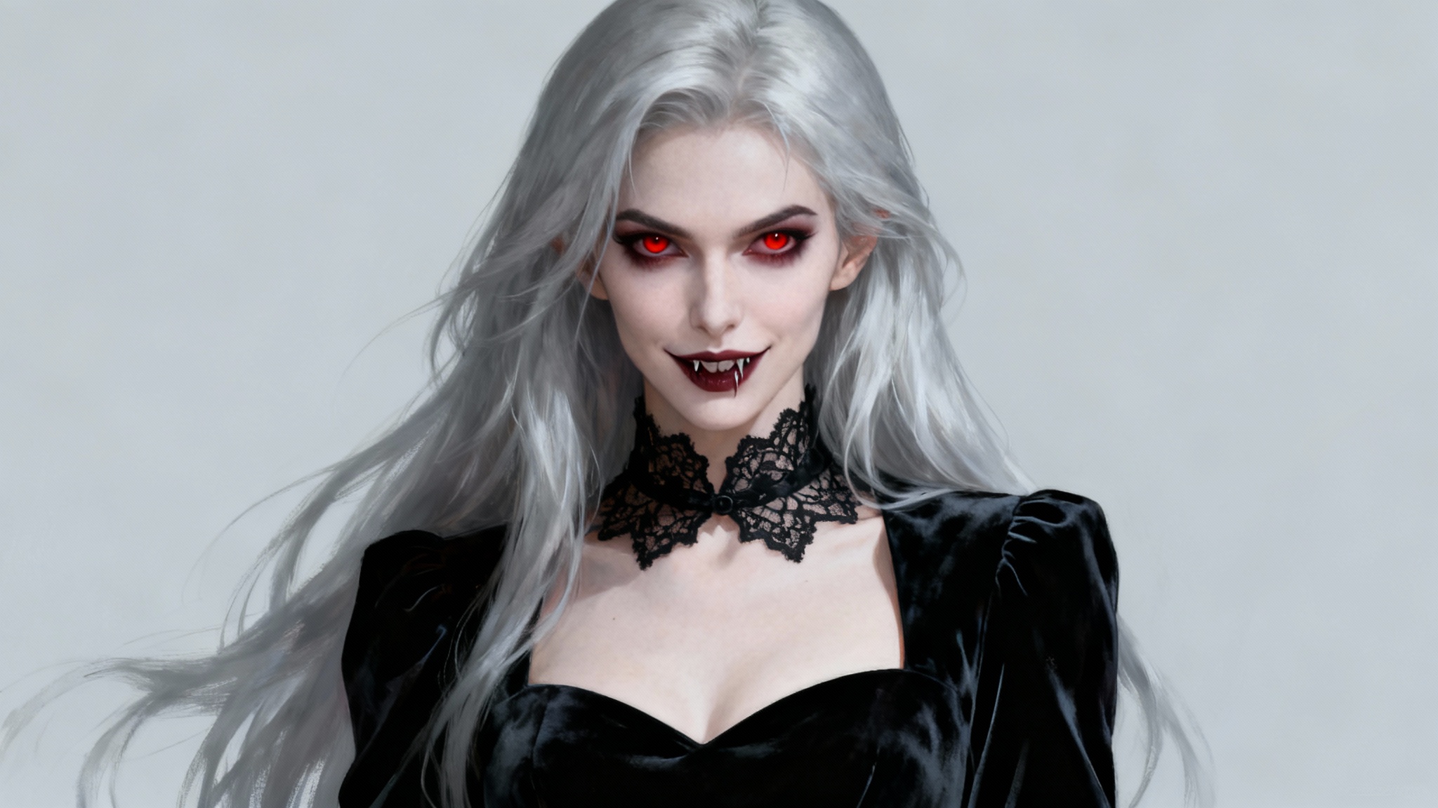 A hyper-realistic digital painting of a beautiful female vampire with silver hair and red eyes, wearing a modern black velvet dress against a plain light-gray background.