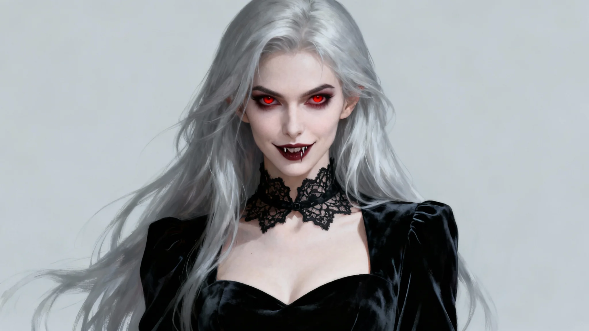 A hyper-realistic digital painting of a beautiful female vampire with silver hair and red eyes, wearing a modern black velvet dress against a plain light-gray background.