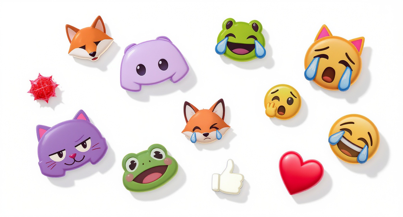 A colorful collection of custom-designed Discord emotes scattered on a white background, showcasing various expressions like a winking cat, a happy blob, and a crying frog.